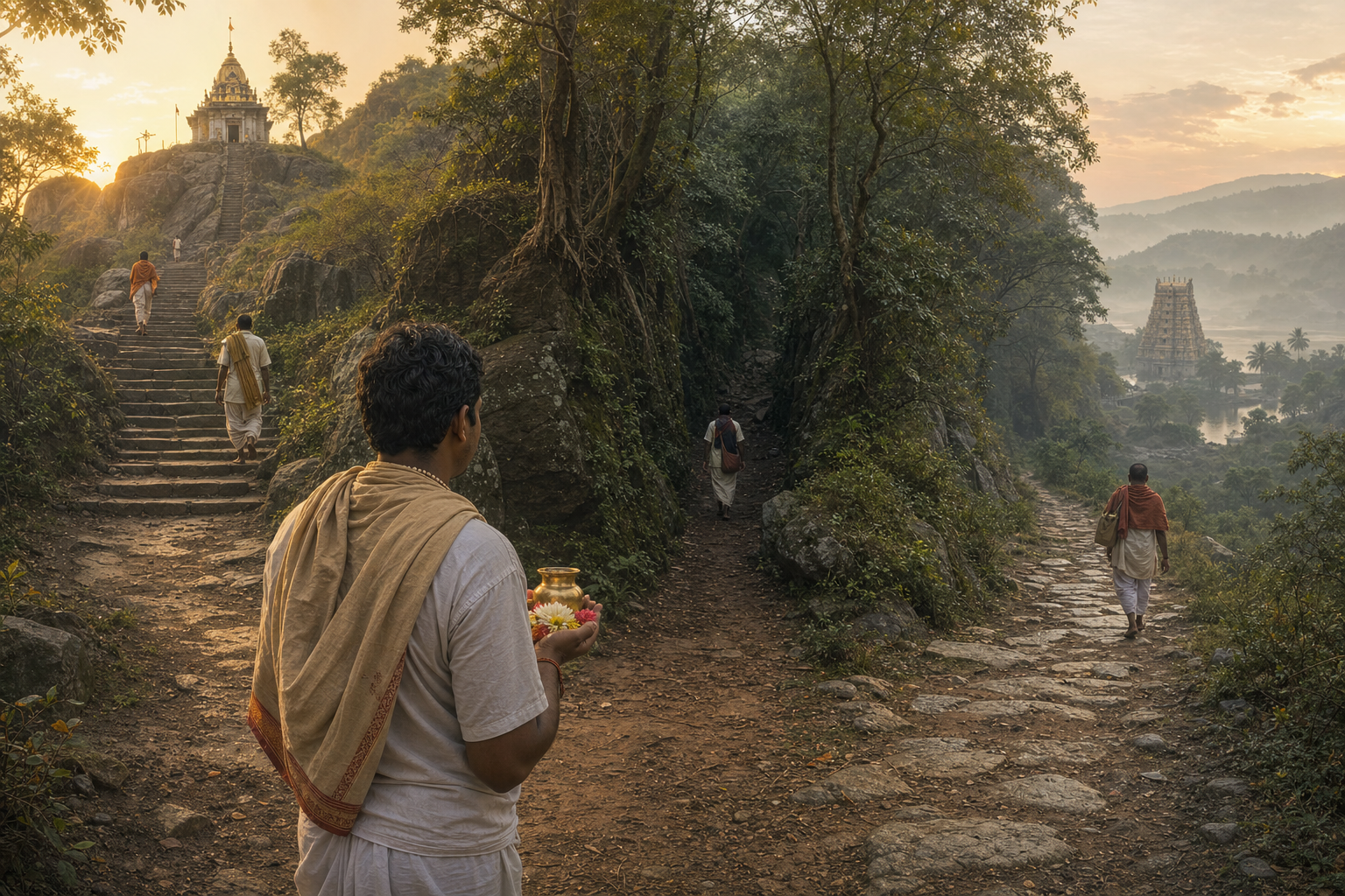 A devotee holding flowers and a brass vessel pauses where three unlabeled mountain paths lead toward a hill shrine, a forest gorge, and a temple above a river valley.