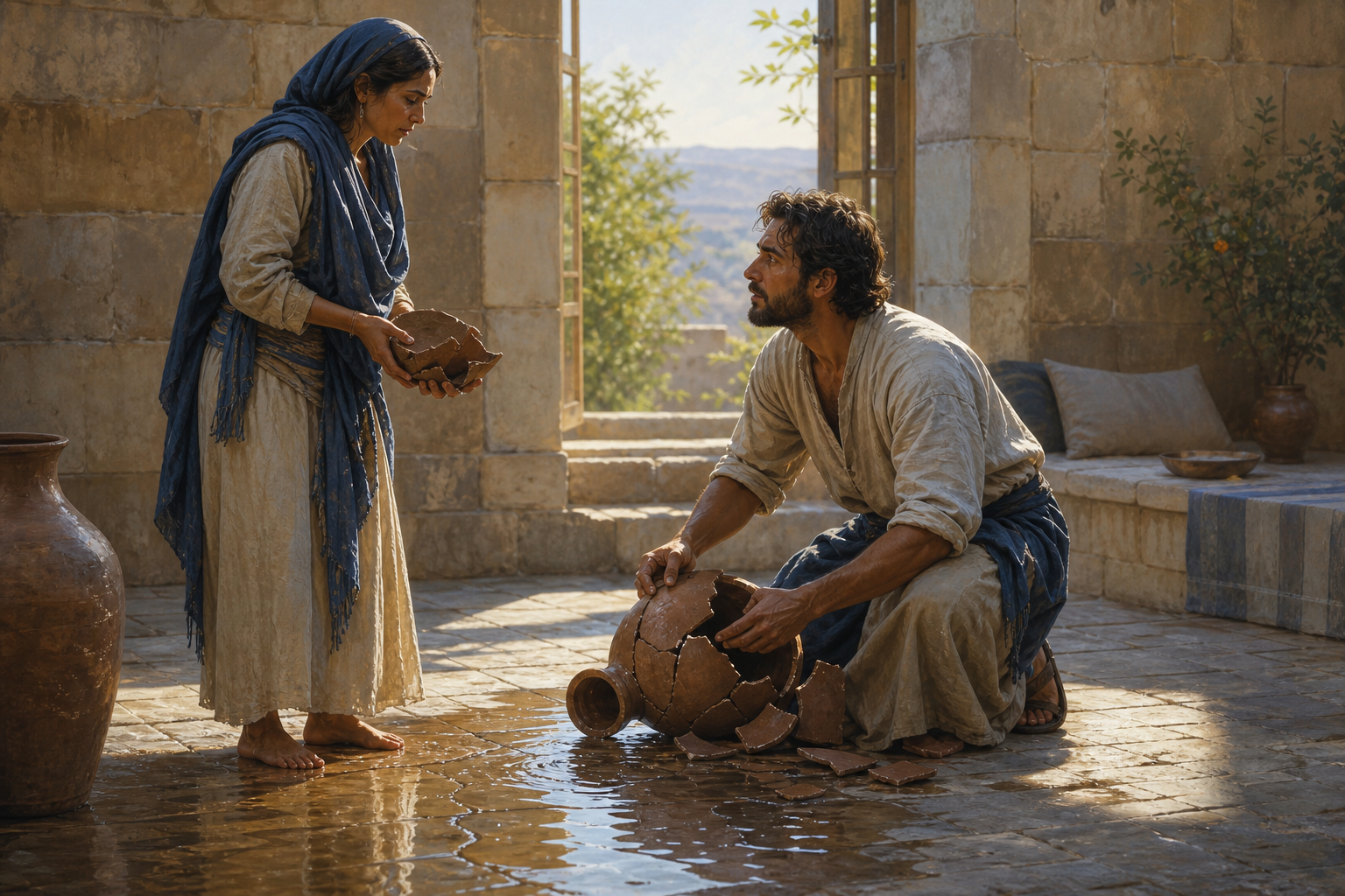 One person gathers pieces of a broken clay water vessel and begins repairing it while facing the vessel's owner in a quiet courtyard.