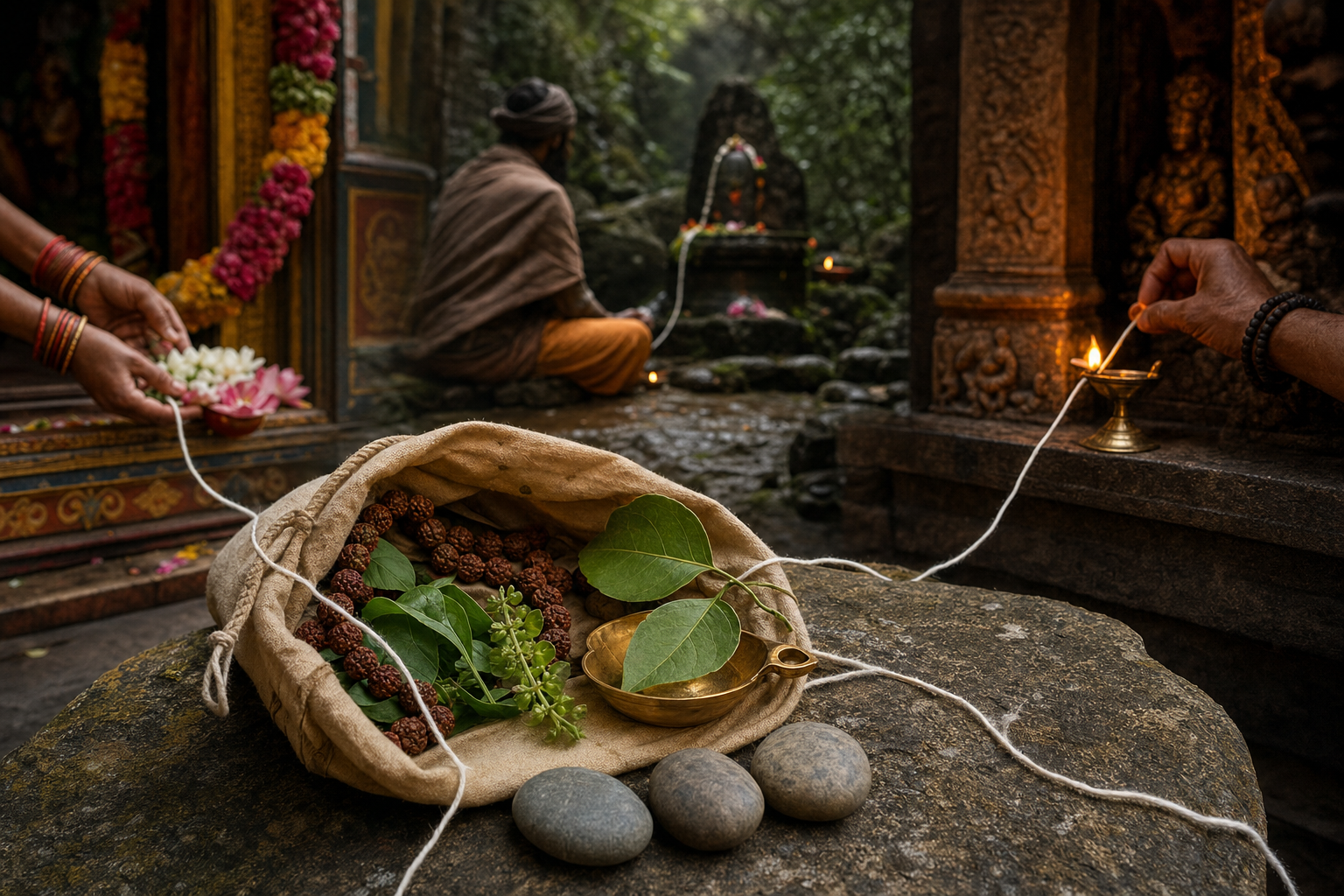 A cloth pilgrimage bag with prayer beads, sacred leaves, a brass lamp, and three stones sits before softly focused scenes of offerings at three different temples.
