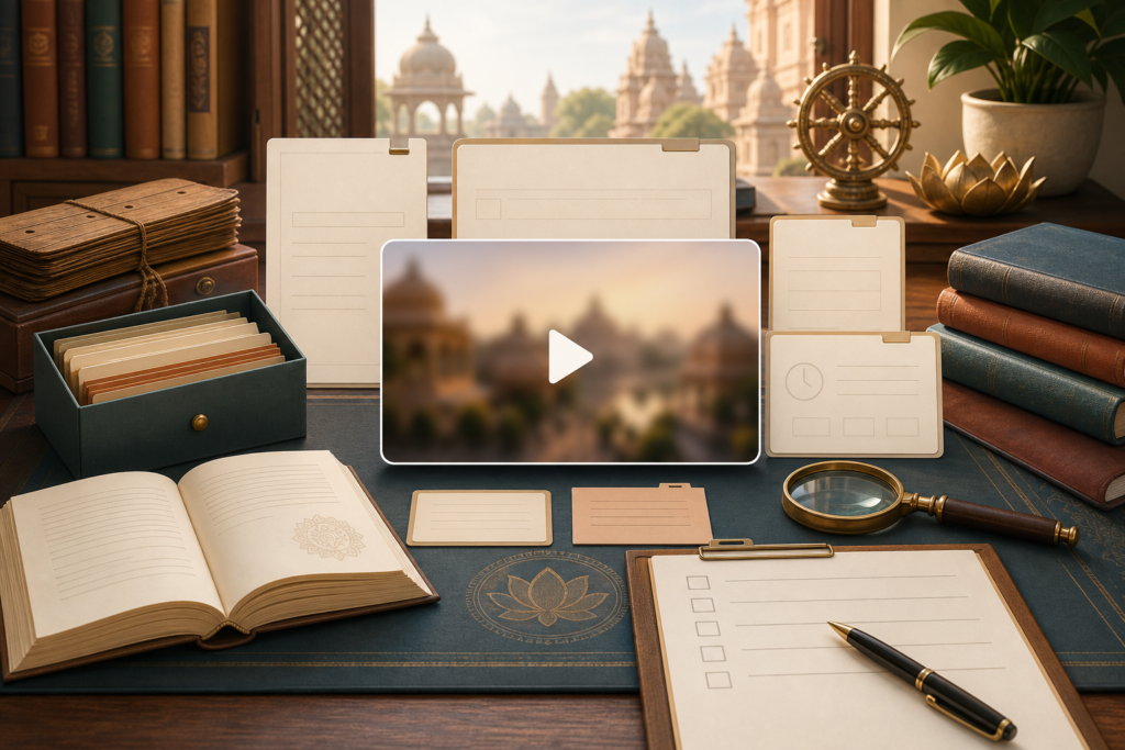 Digital archive desk with blurred video thumbnail, empty metadata panels, citation tools, and Dharmic knowledge symbols.