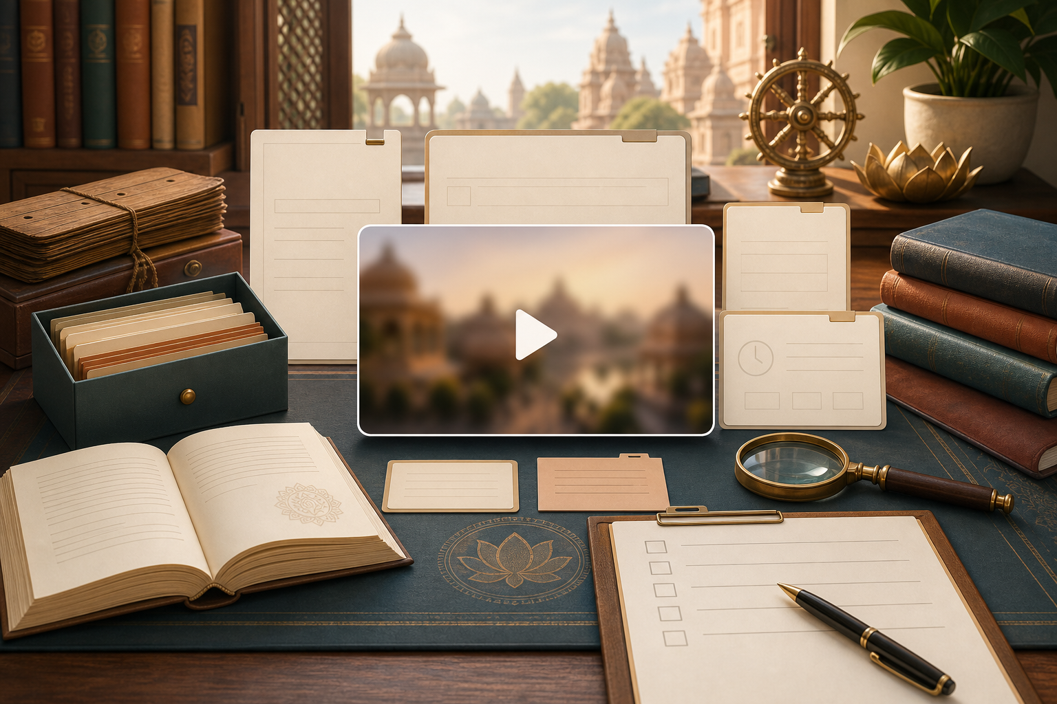 Digital archive desk with blurred video thumbnail, empty metadata panels, citation tools, and Dharmic knowledge symbols.