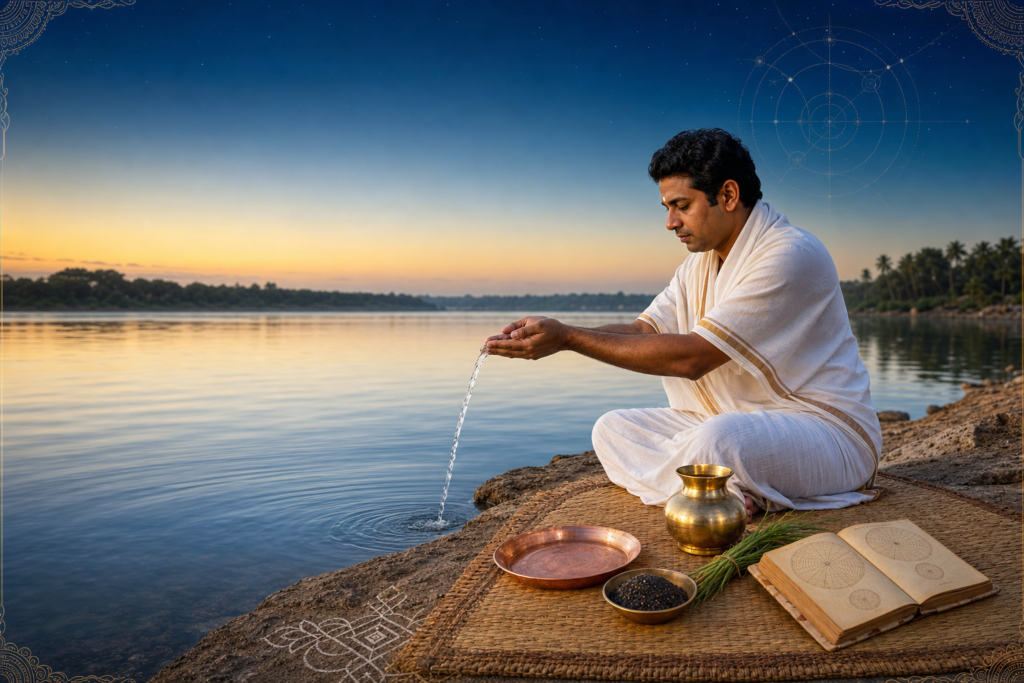 Hindu practitioner offering water for Pitru Tharpana beside a calm river at sunrise, with brass vessel and sesame seeds.