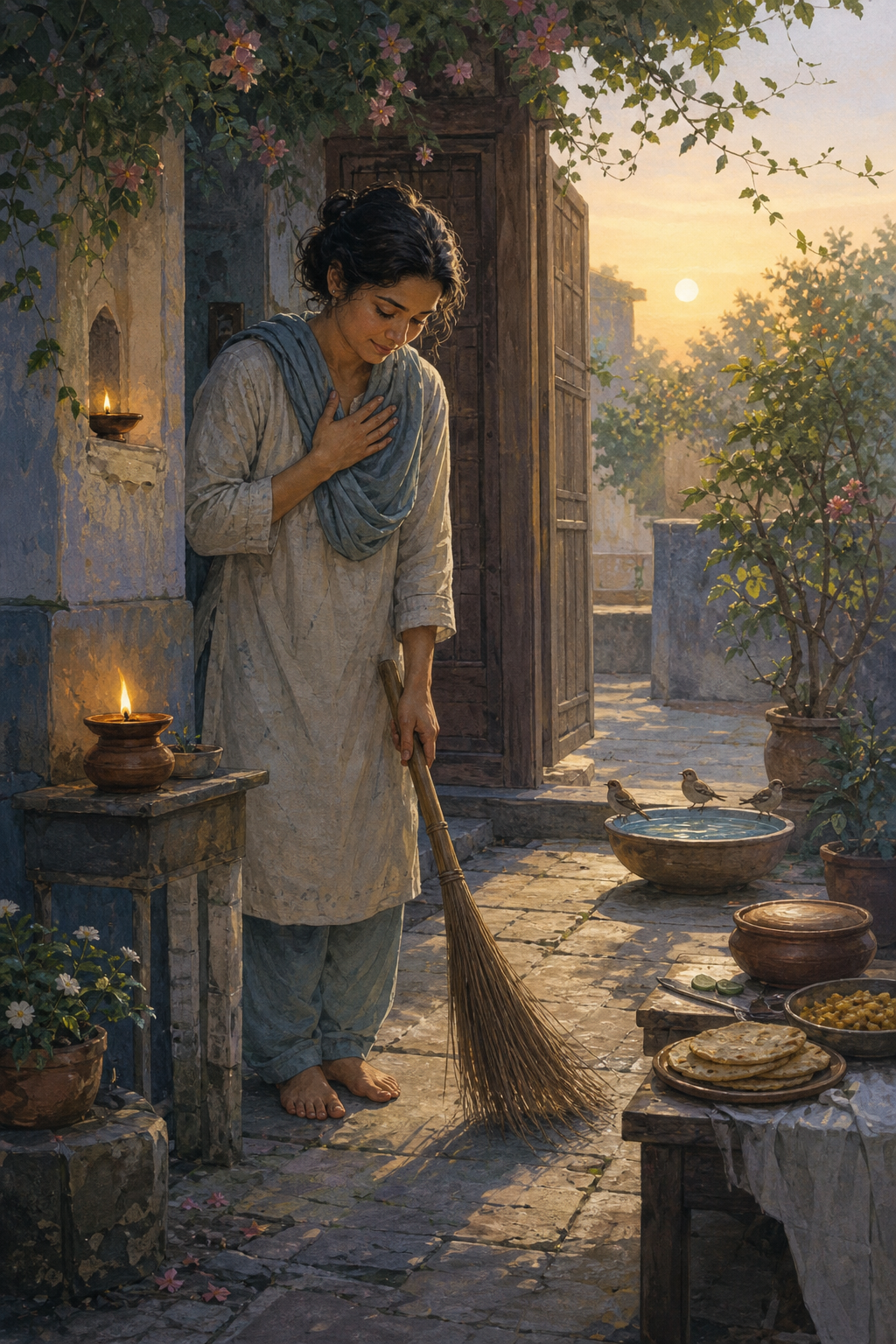 At dawn, a person lights an oil lamp and tends a courtyard with a broom, a bird-water bowl, and a simple shared meal.
