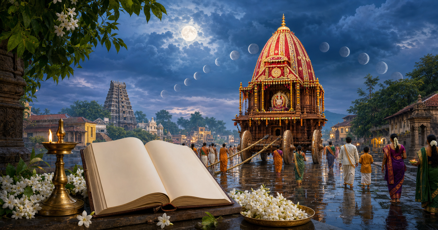 A ceremonial temple chariot, devotees, a blank open almanac, an oil lamp, jasmine flowers, and a full moon in a monsoon setting.