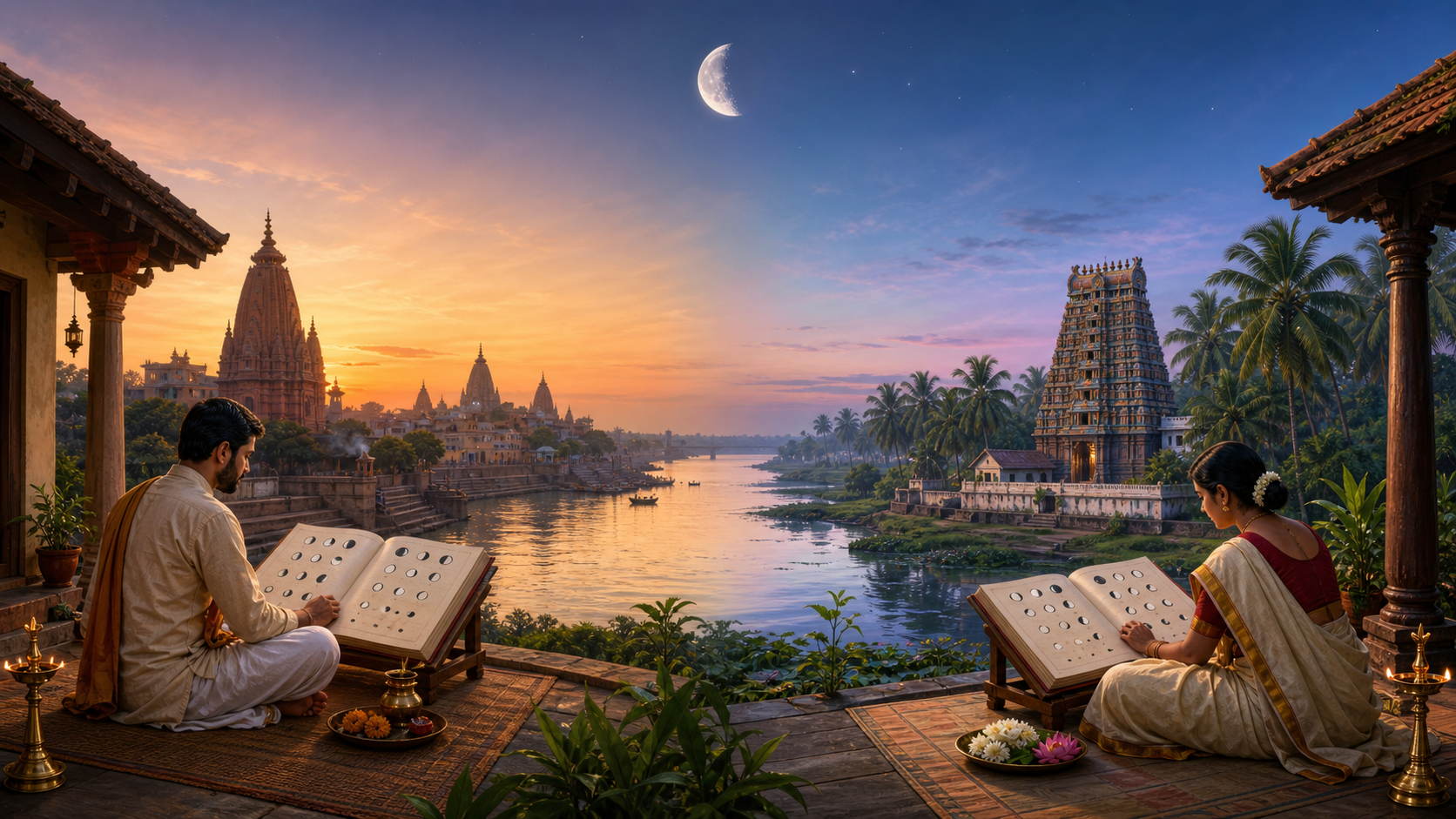 Two families in different Indian regions consult blank almanacs beneath the same waxing moon at dawn.