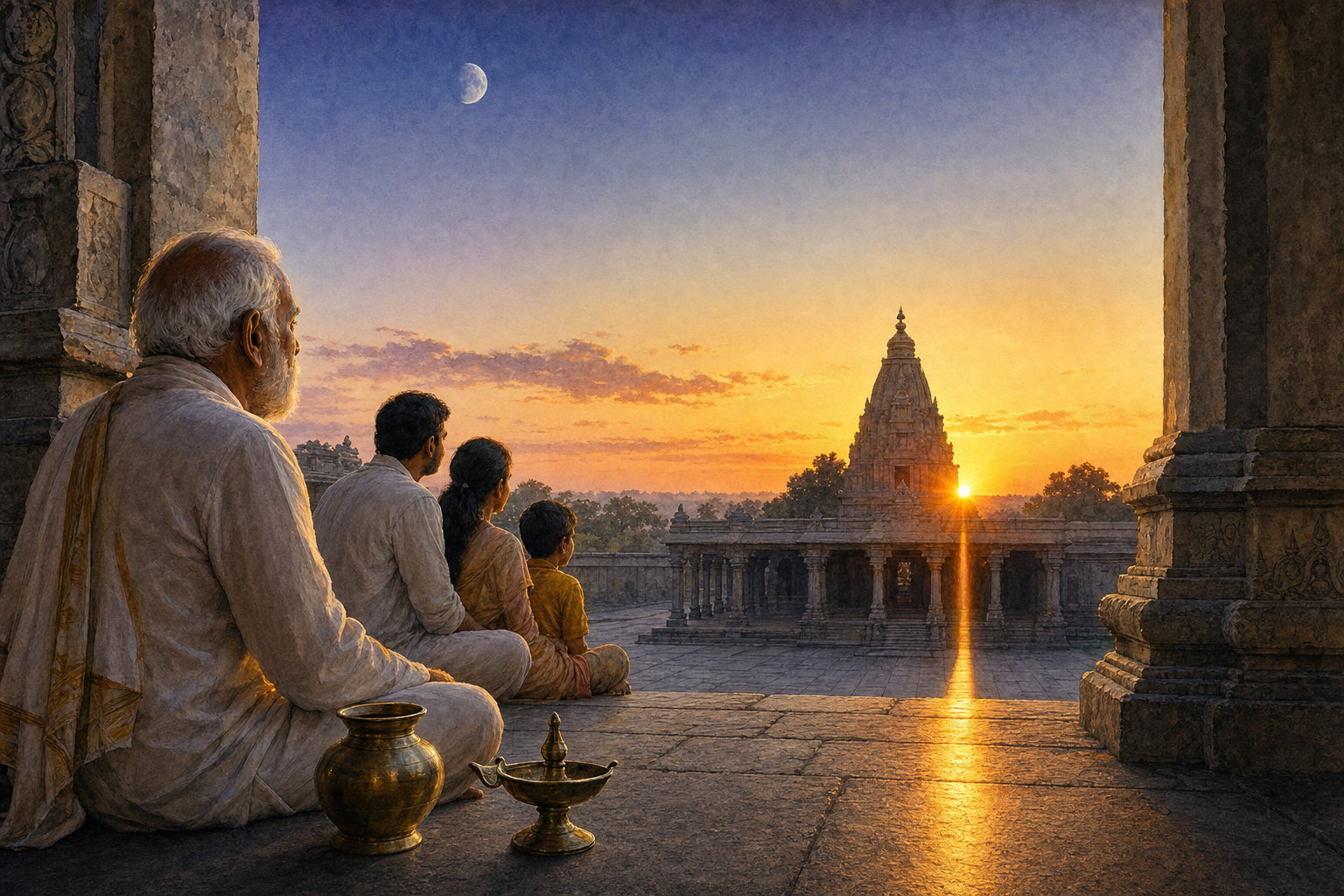 A family and temple timekeeper watch the sun rise while a pale moon remains visible above a temple courtyard.