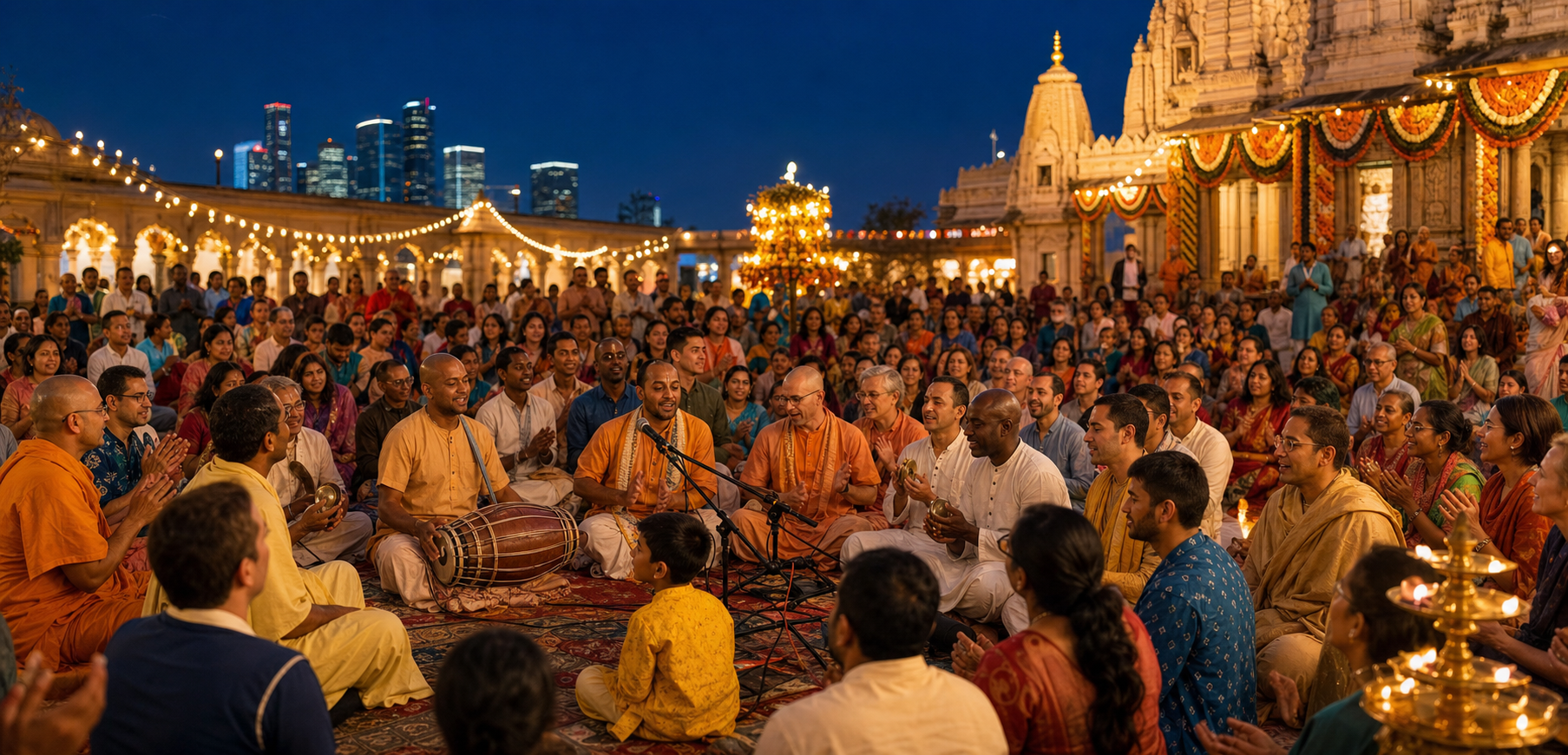 Editorial illustration of a diverse, multigenerational congregation singing and playing devotional instruments in a warmly lit Houston temple courtyard at twilight.