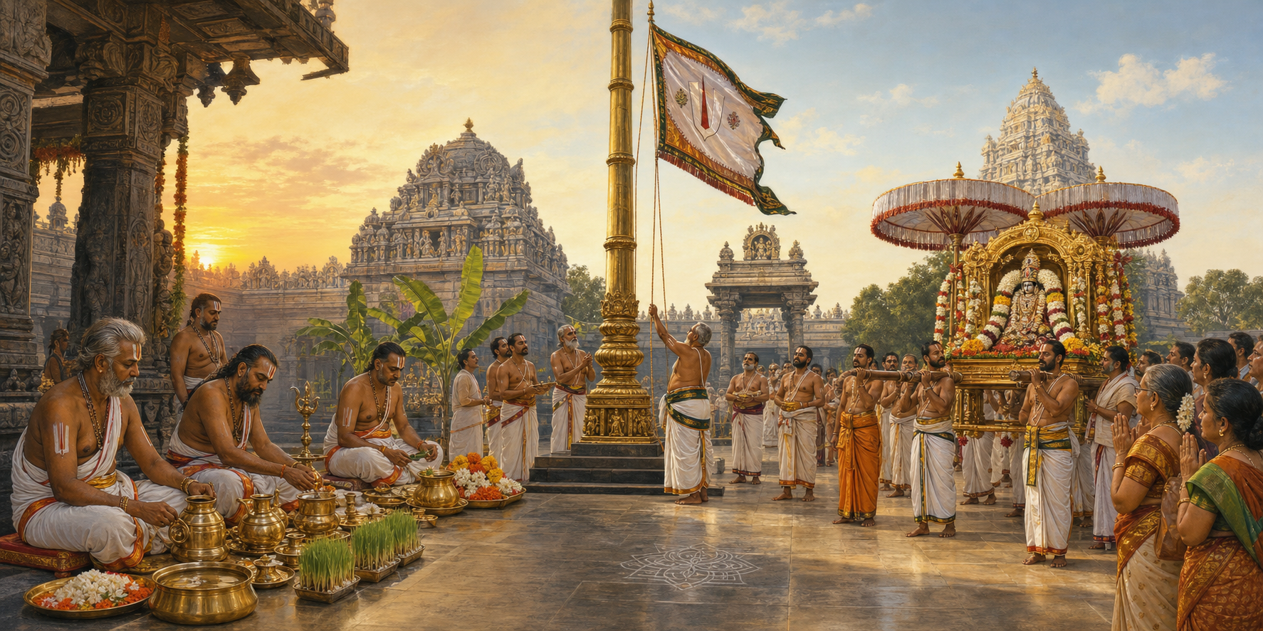 Priests prepare ritual vessels and sprouting grain near a temple flagstaff while a decorated palanquin waits for a procession.