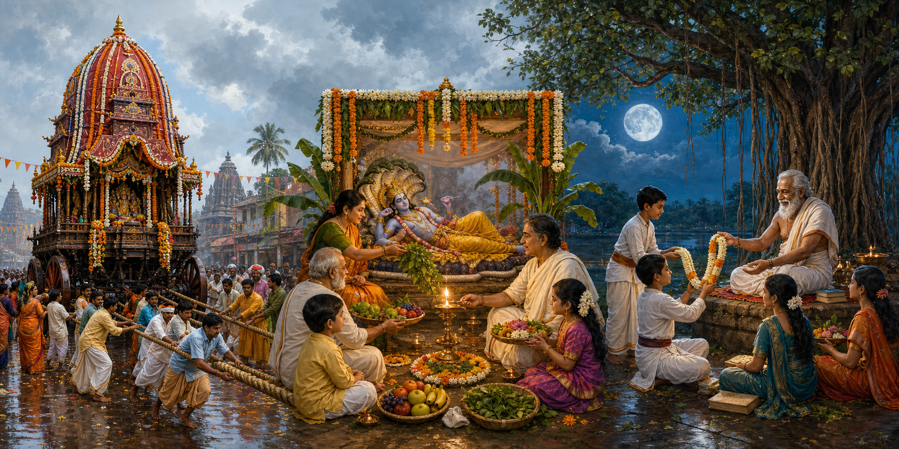 Devotees pull a temple chariot, a family offers worship before reclining Vishnu, and students honor a teacher beneath a full moon.