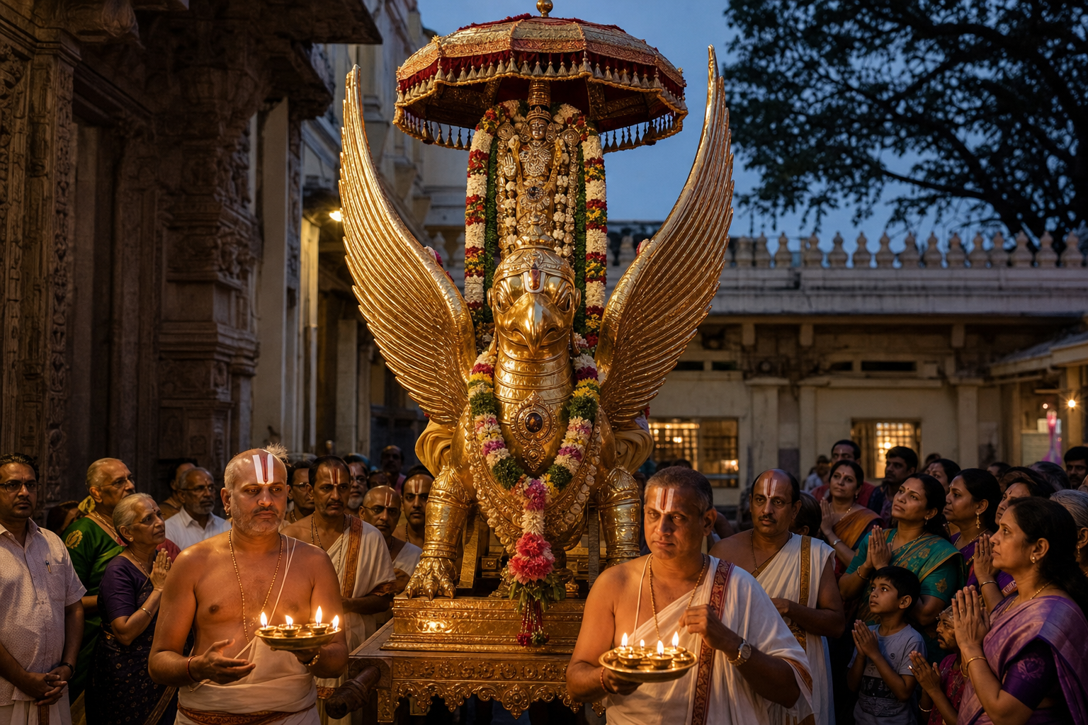 Devotees with folded hands watch an eagle-shaped ceremonial mount and flower-adorned festival icon during an evening temple procession.