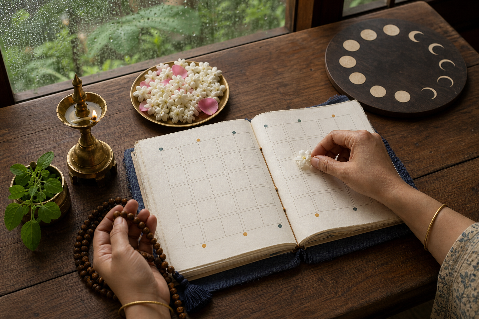 Hands arrange a jasmine flower and prayer beads beside a blank planner, oil lamp, tulsi leaves, and lunar-phase symbols.