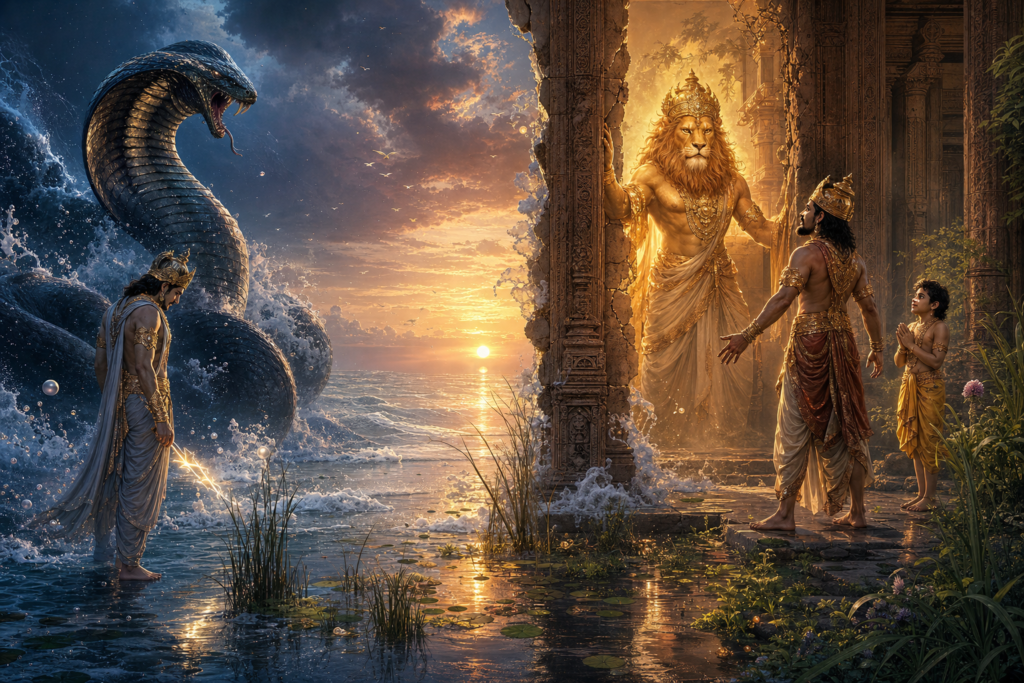 At a twilight shore, Indra faces Vritra while Narasimha emerges from a cracked pillar before Hiranyakashipu and praying Prahlada.