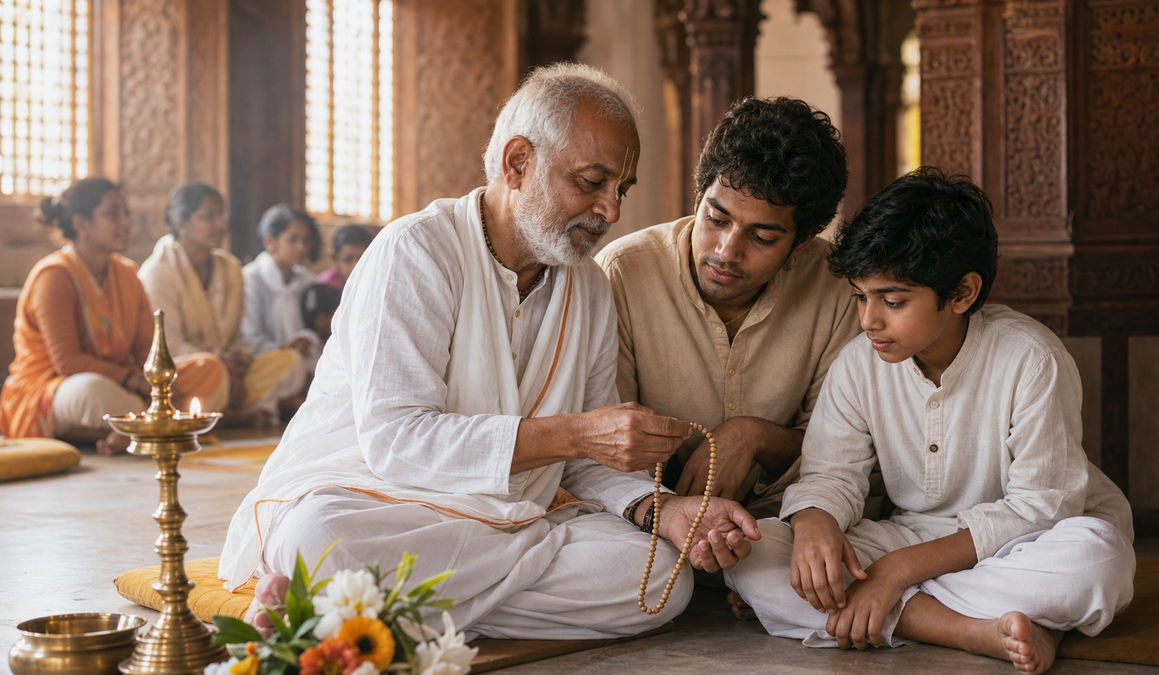 An elderly devotee shows a young adult and a child how to use wooden prayer beads inside a softly lit temple hall.