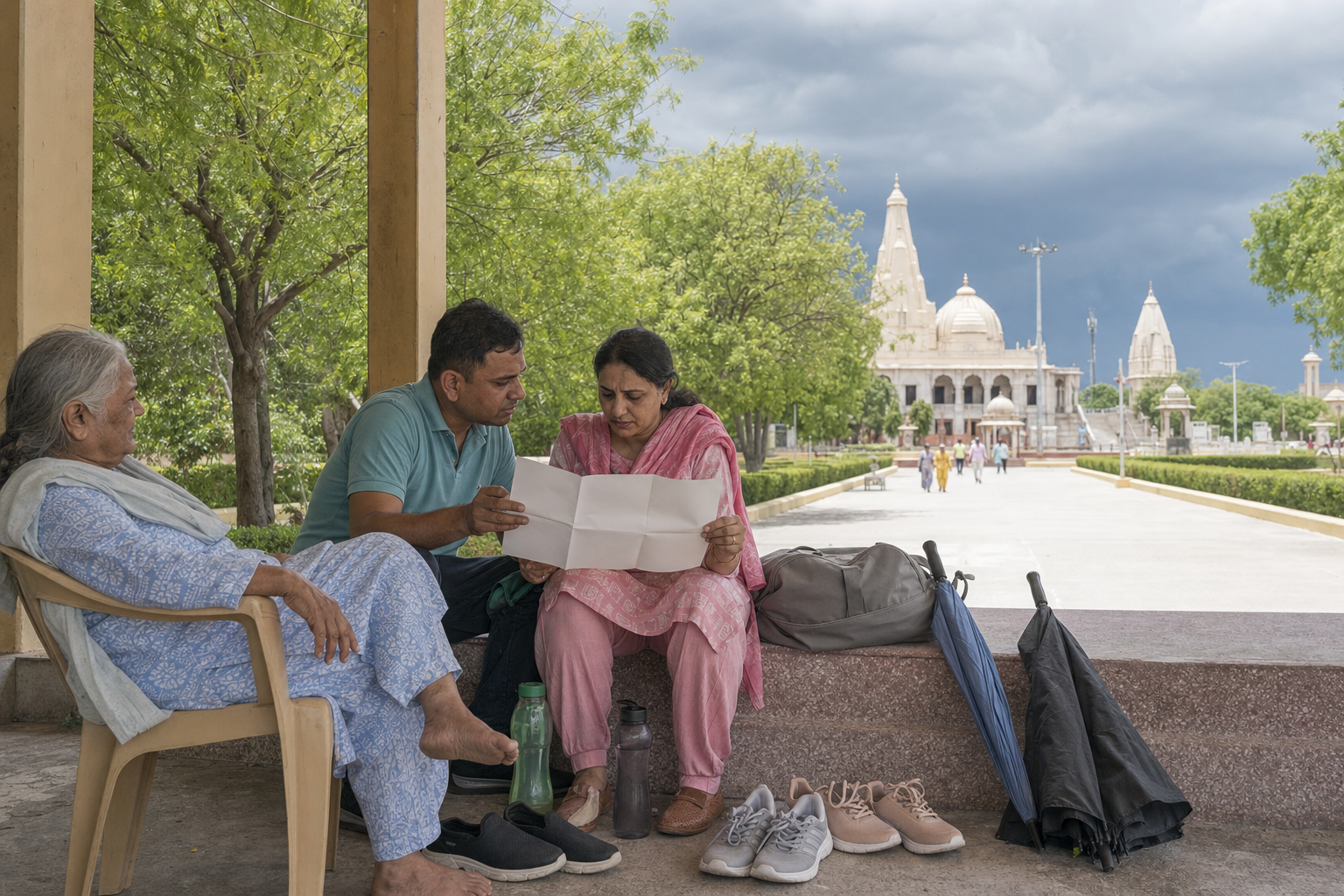 A multigenerational pilgrim family rests with water bottles, umbrellas and small bags near a temple approach under gathering monsoon clouds.