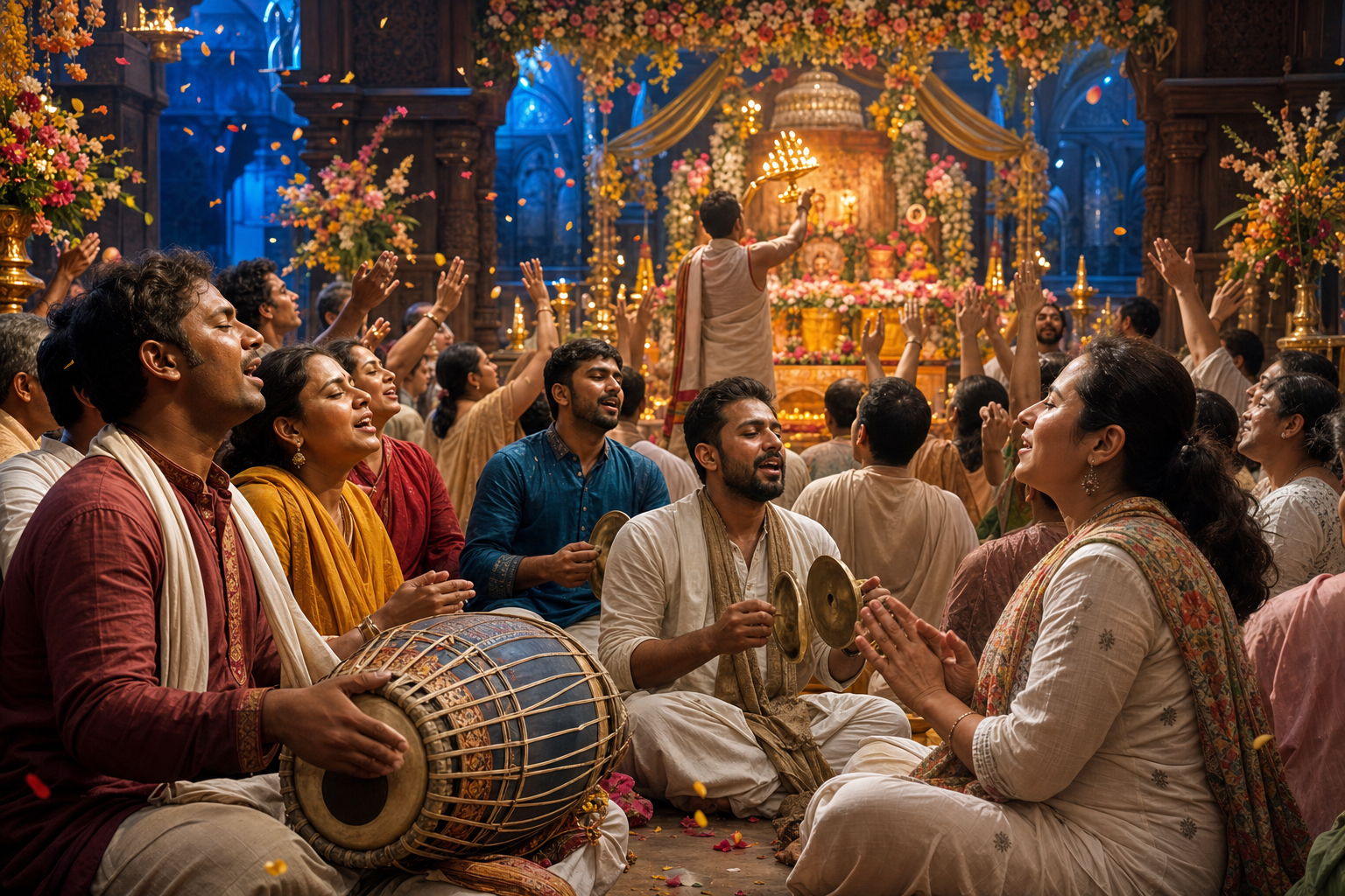 Devotees sing with drums and hand cymbals as a priest offers a brass lamp before a flower-covered temple altar.