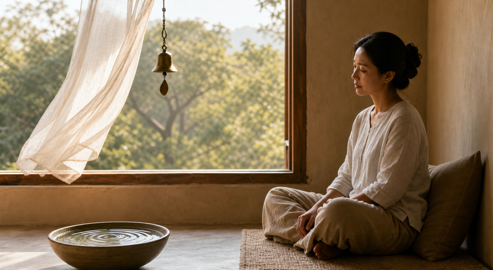 A person sits quietly beside an open window with a hanging bell and a bowl of water showing gentle ripples.