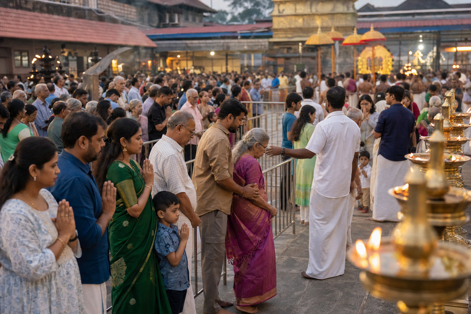 Volunteers guide an orderly temple crowd as pilgrims wait calmly with folded hands and clear pathways between queue lanes.