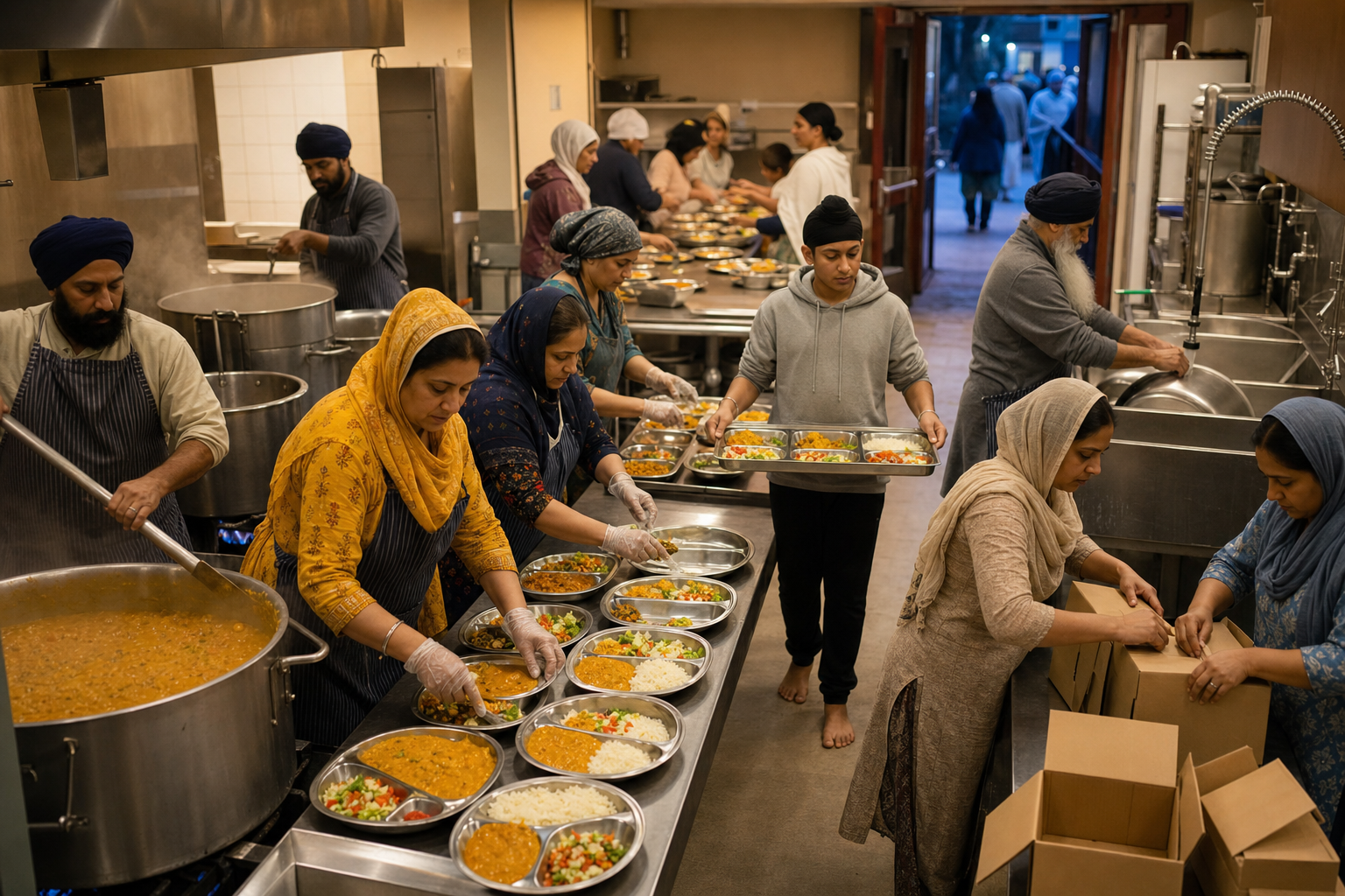 Volunteers cook, plate, carry, and clean up vegetarian meals together in a busy temple community kitchen.