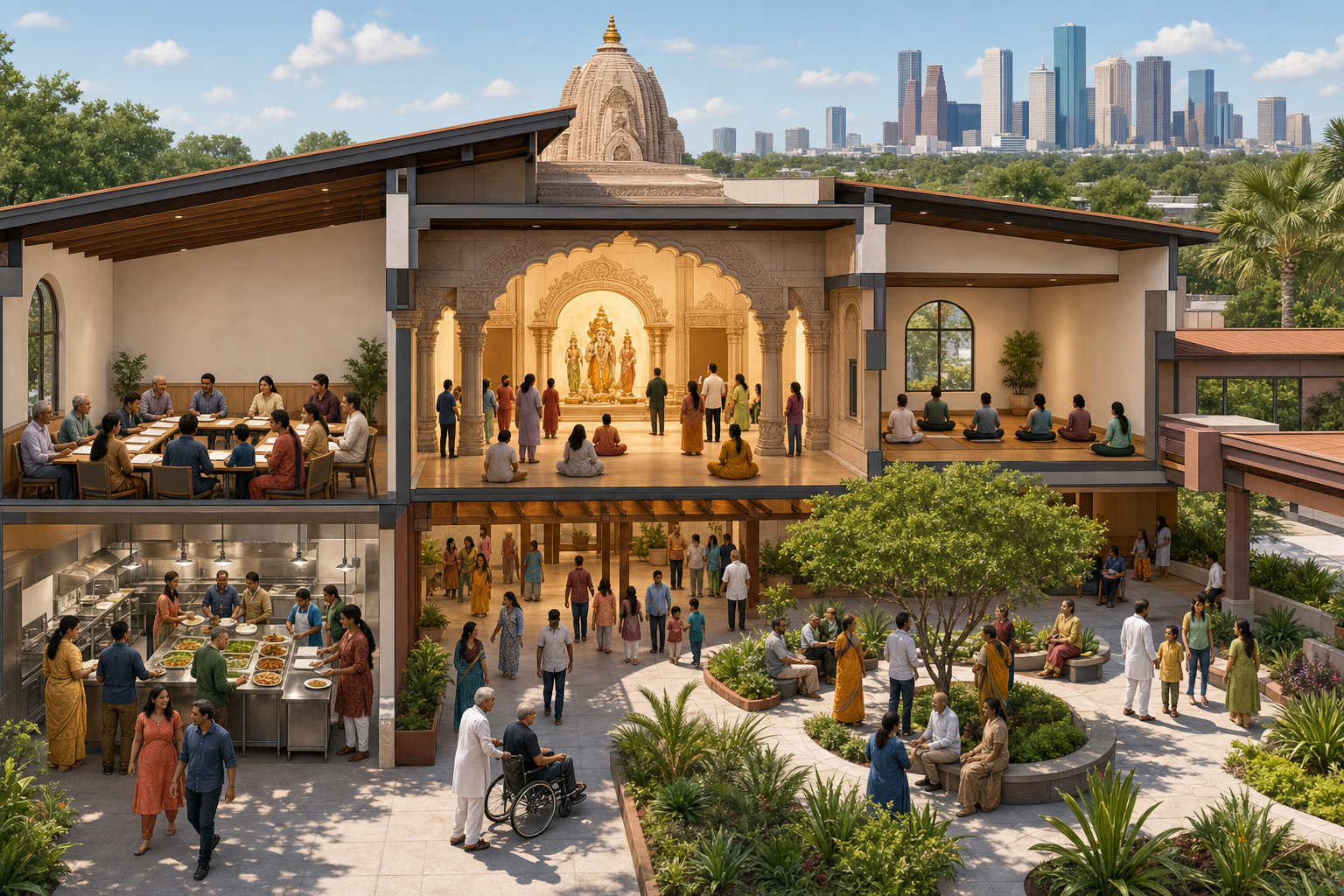 Cutaway illustration of a Houston temple complex with a sanctuary, classroom, community kitchen, meditation room, and welcoming courtyard in use.