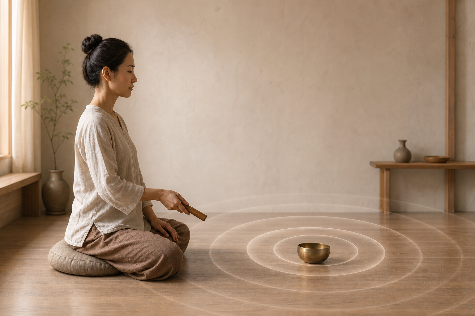 A seated practitioner listens as subtle rings from a brass singing bowl expand and fade into stillness.