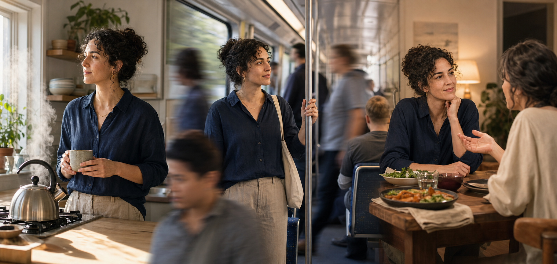The same person practices attentive listening beside a kettle, on public transit, and during a conversation.