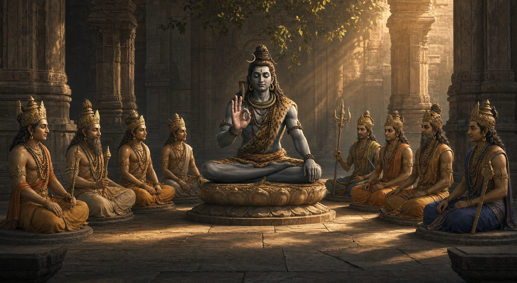 Shiva sits as a teacher in a stone temple, forming Cin Mudra while eight distinct divine figures gather around him.
