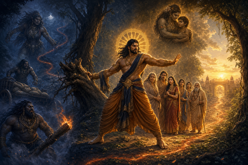 Bhima shields the Pandavas and their family at a forest threshold as three Rakshasas emerge from moonlit shadows beside a path leading to dawn.