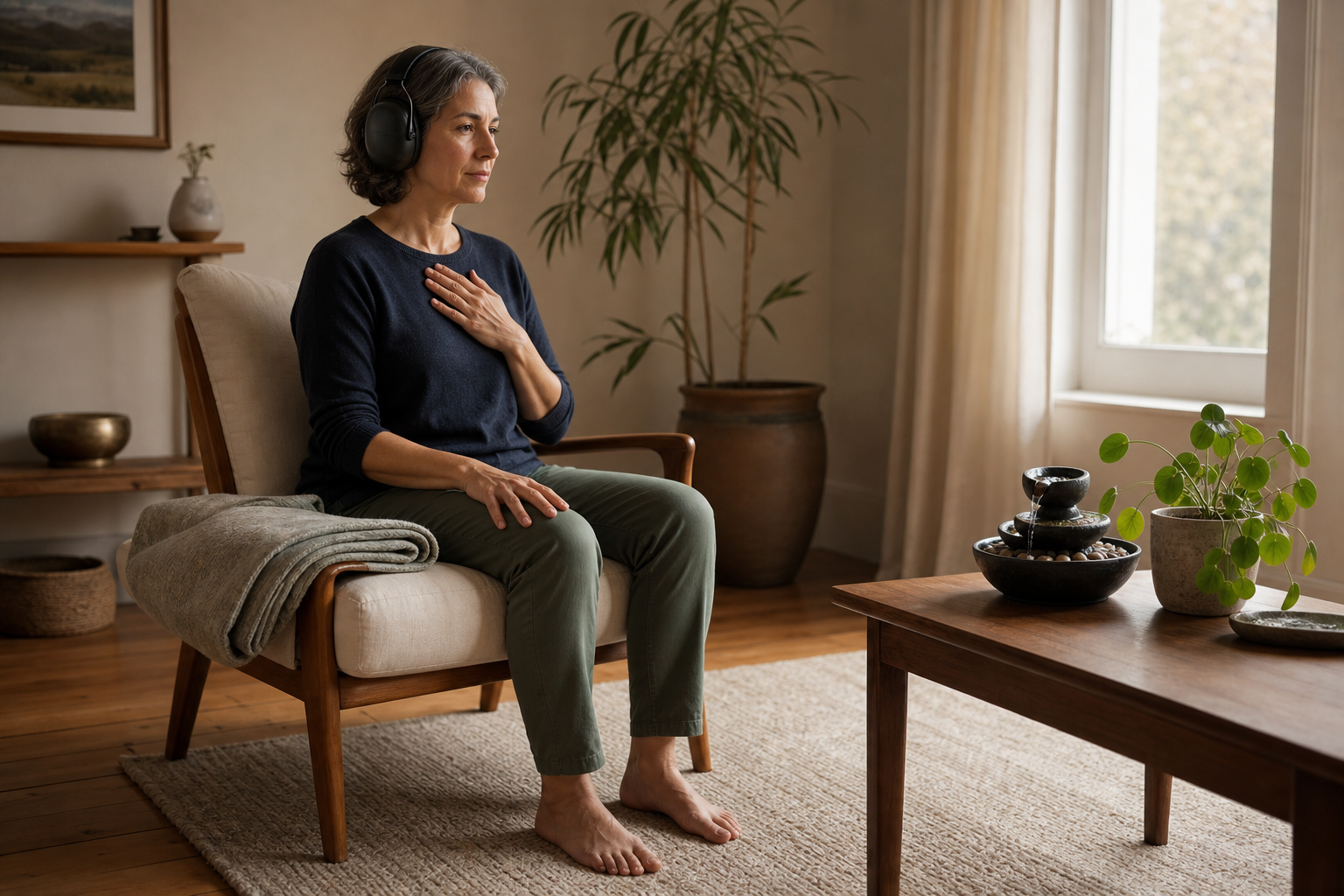 A seated person grounds themselves while listening to a small fountain, with a folded blanket and sound-reducing earmuffs nearby.