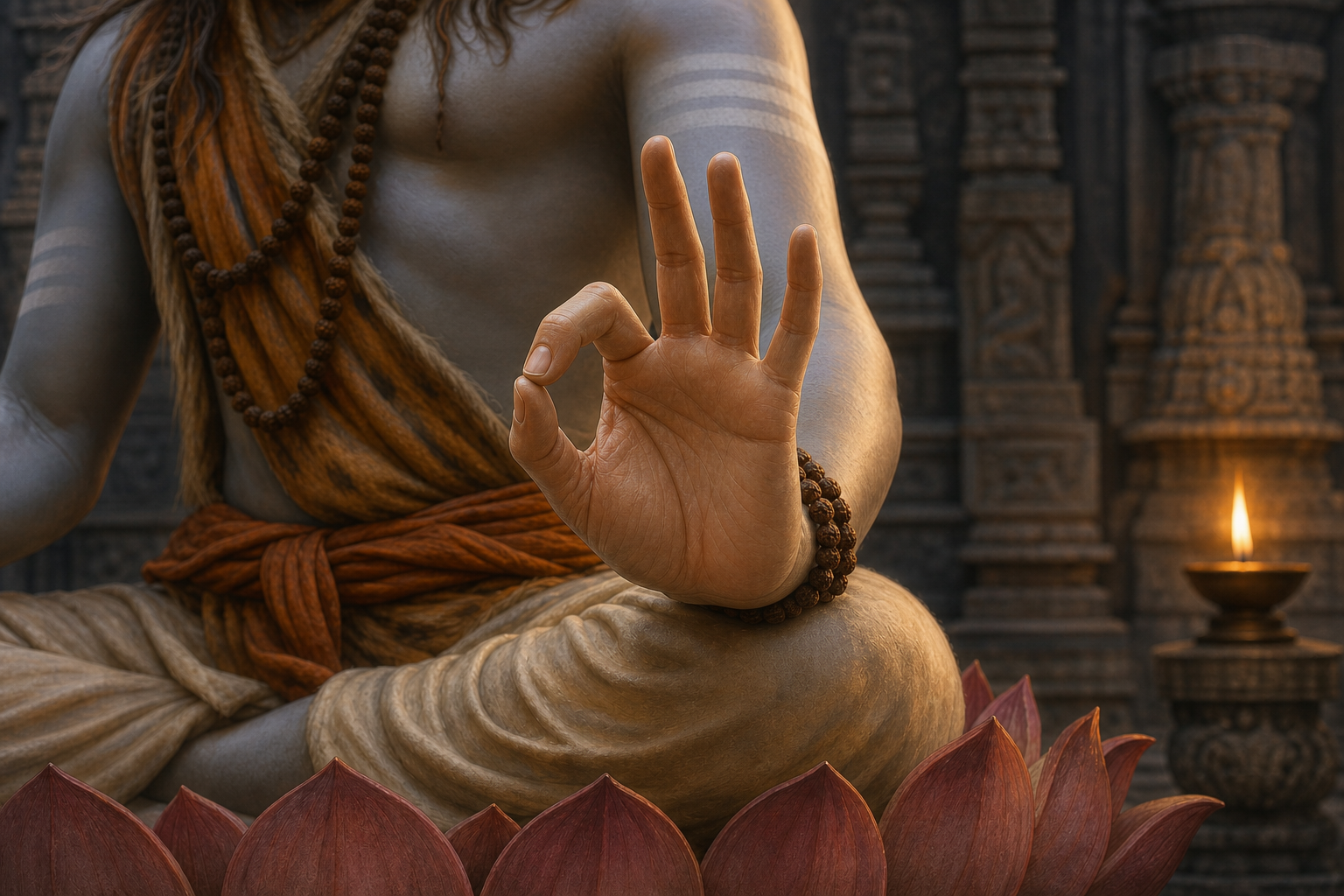 Close view of a seated Shiva figure making Cin Mudra by joining the index finger and thumb while the other three fingers remain extended.