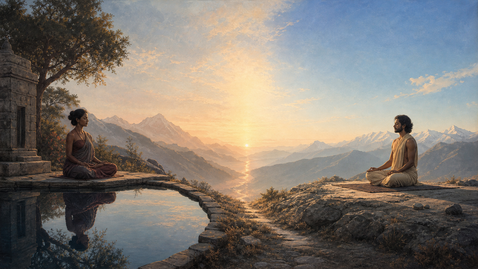 Two meditators sit in adjoining mountain landscapes, one beside a still pool and the other beneath a clear dawn sky.
