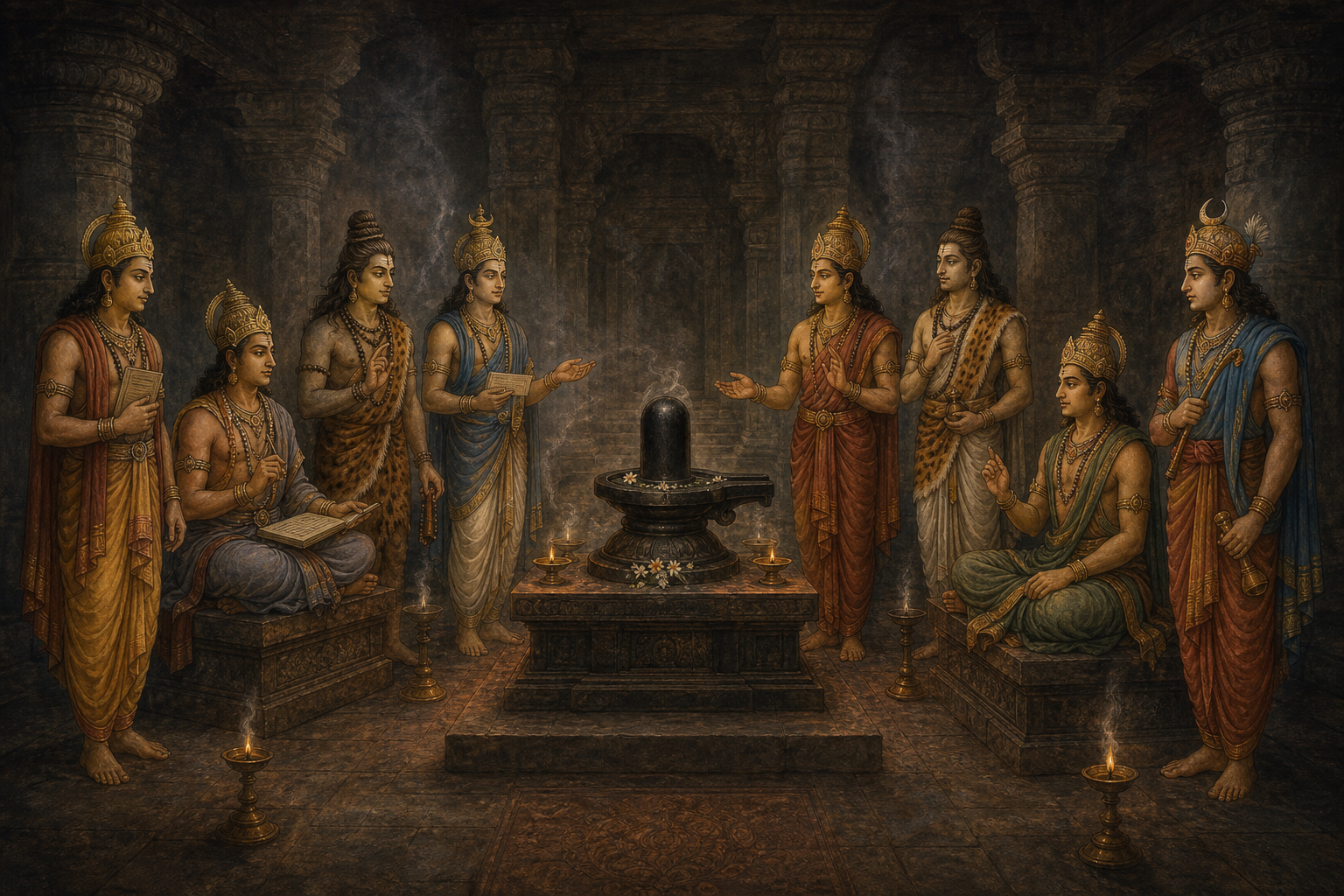 Eight distinct Shaiva divine figures assemble around a central Shiva linga inside a pillared temple hall.