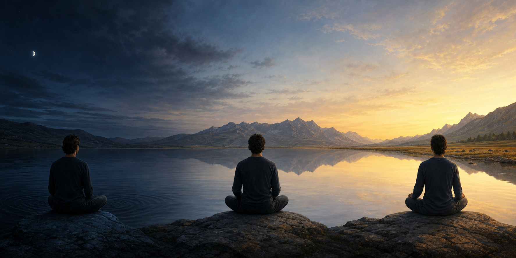 Three connected scenes show a meditator with fading water ripples, a still lake, and an open luminous landscape.