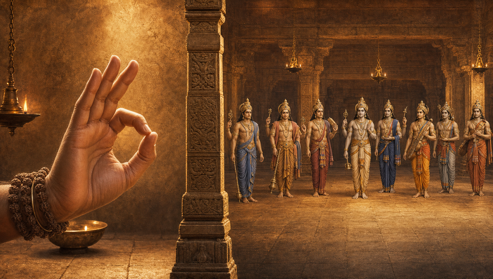 A two-part temple scene pairs a close view of Cin Mudra with a separate assembly of eight Vidyesvara figures.