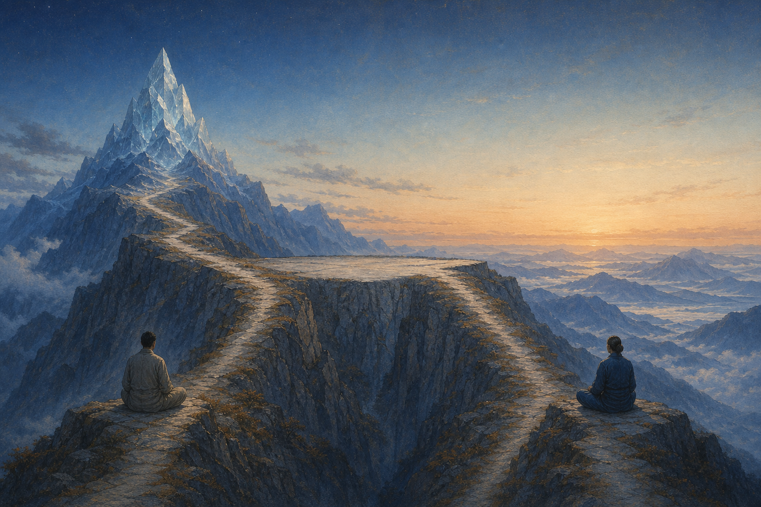 Two mountain paths meet at a quiet plateau before continuing toward a summit and an open horizon.
