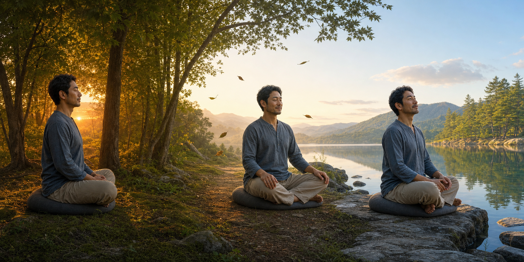 The same meditator appears in three stages, first sitting steadily, then relaxing, and finally observing a clear reflecting pool.
