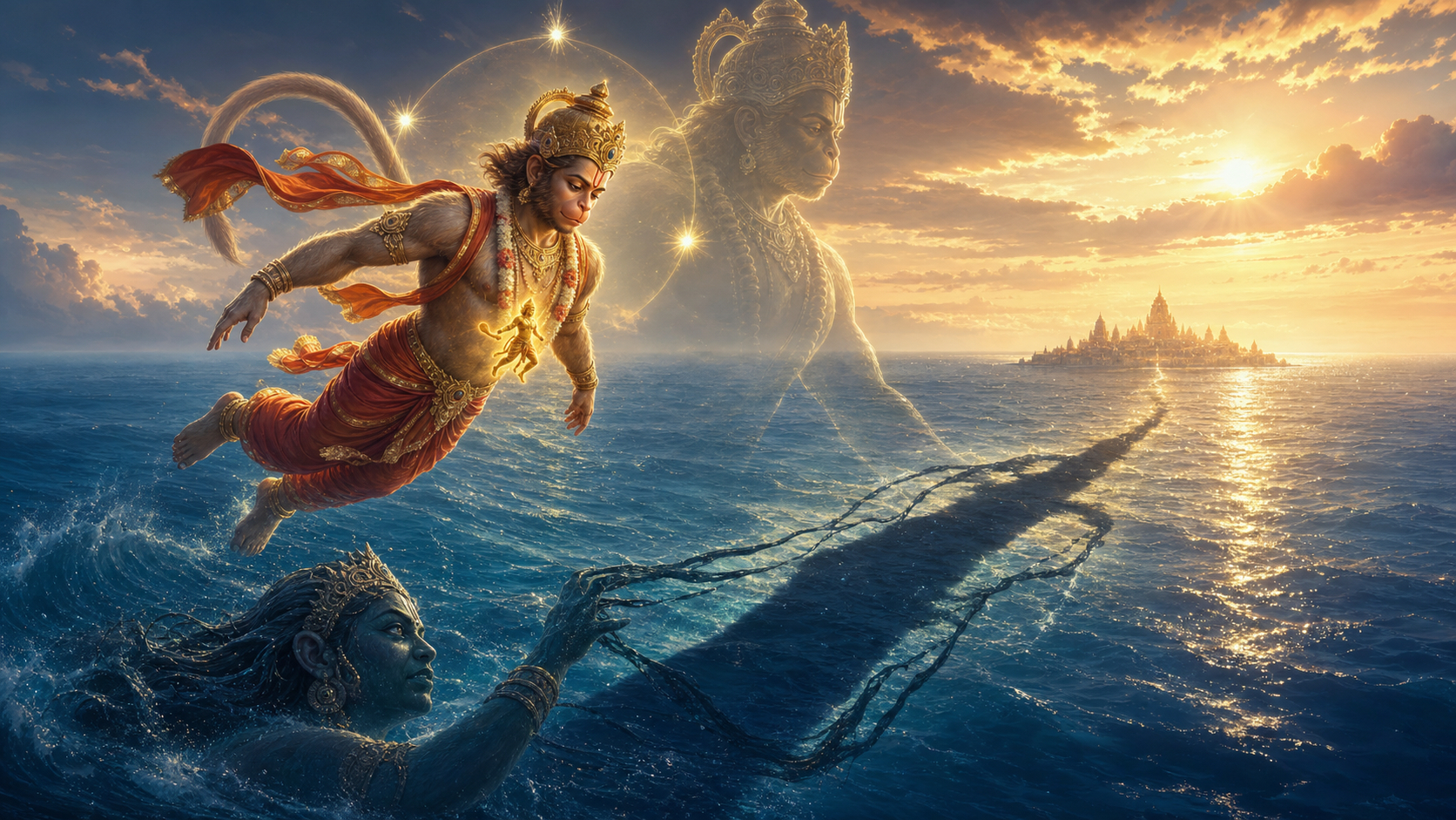 Hanuman flies over the ocean toward distant Lanka as Simhika rises below and seizes his shadow at sunrise.