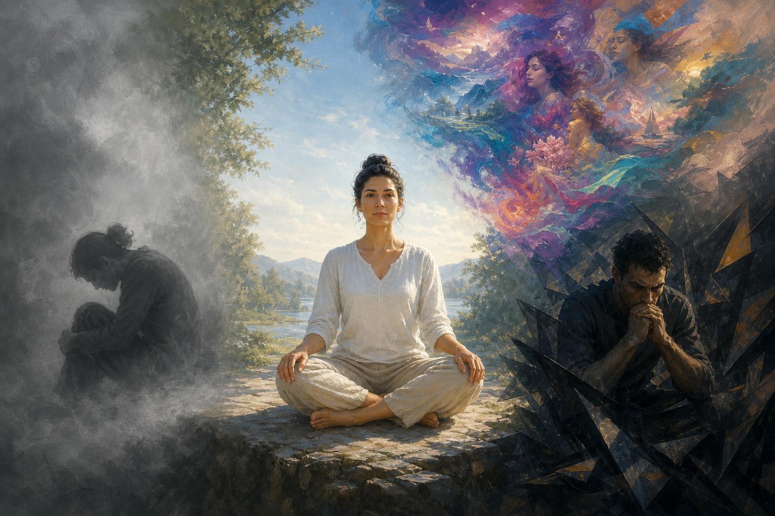 A calm, alert meditator is surrounded by contrasting scenes of gray dullness, colorful fantasy, and rigid physical strain.
