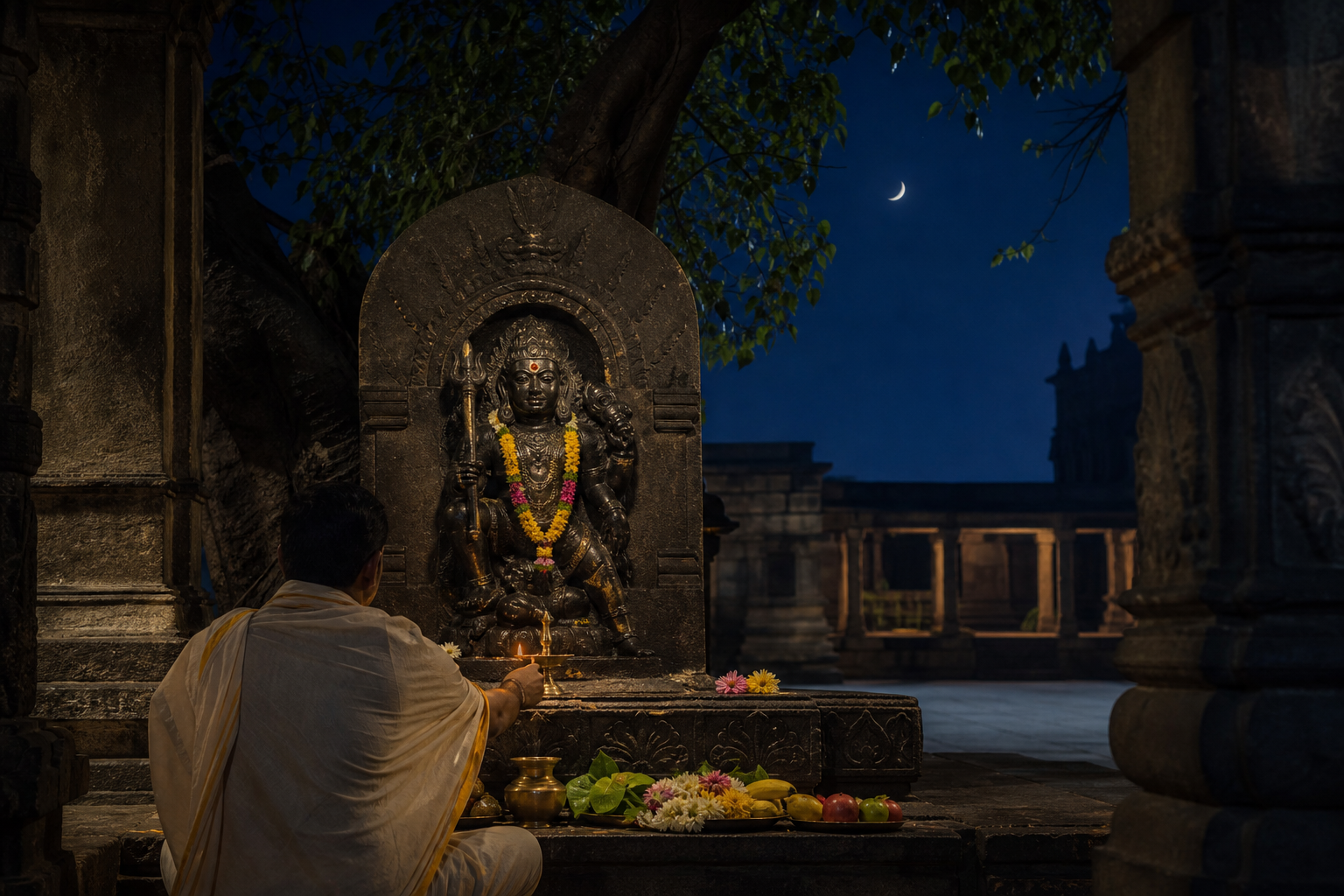 A devotee lights an oil lamp before a dark-stone Kalabhairava shrine in a moonlit temple courtyard.