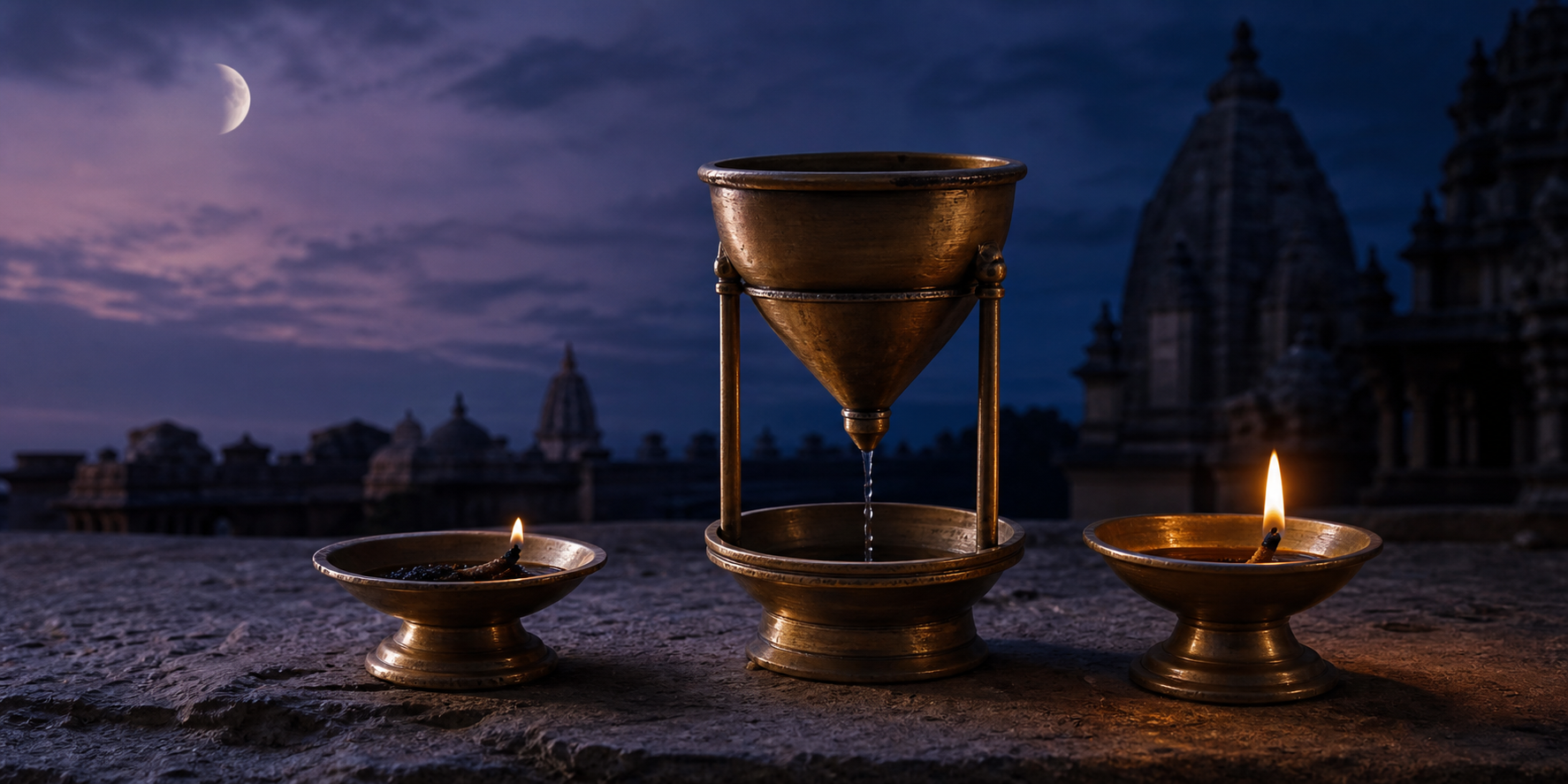 Two oil lamps and an unmarked brass water clock symbolize a transition from late evening into night beneath a waning moon.