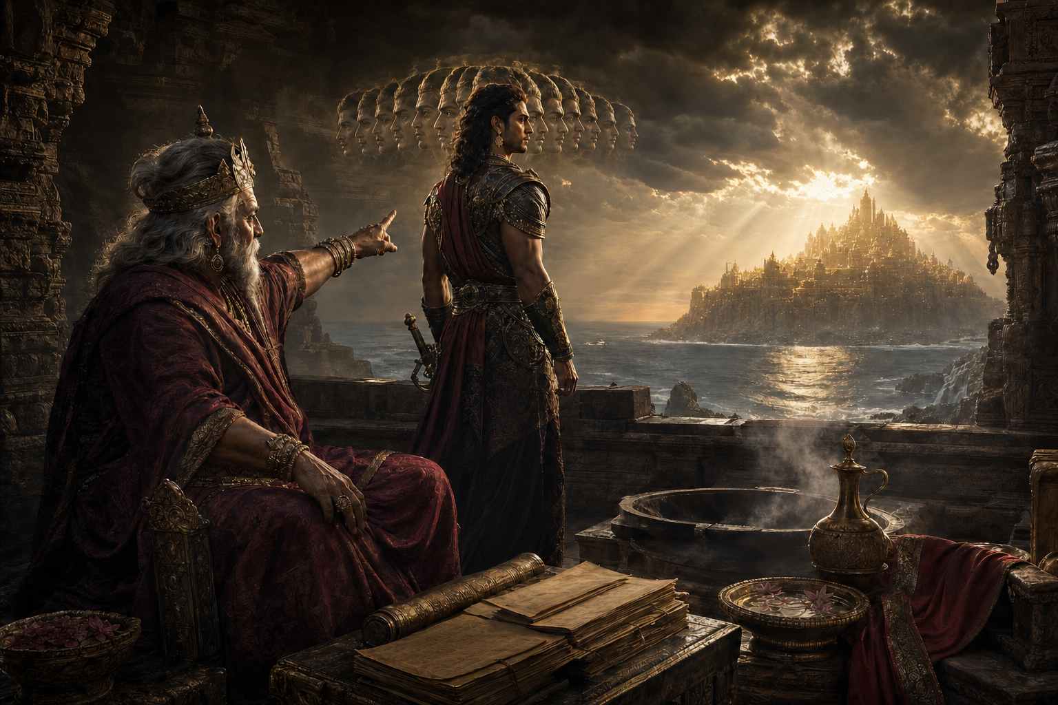 The elderly Sumali gestures from a shadowed chamber toward distant Lanka while a young Ravana stands in the light beside manuscripts, a ritual fire and a sheathed sword.