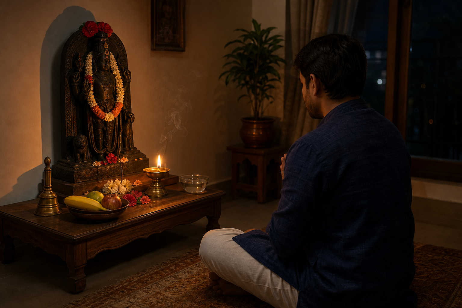 A seated devotee prays before a small Kalabhairava shrine with an oil lamp, flowers, fruit, water, incense, and a bell.