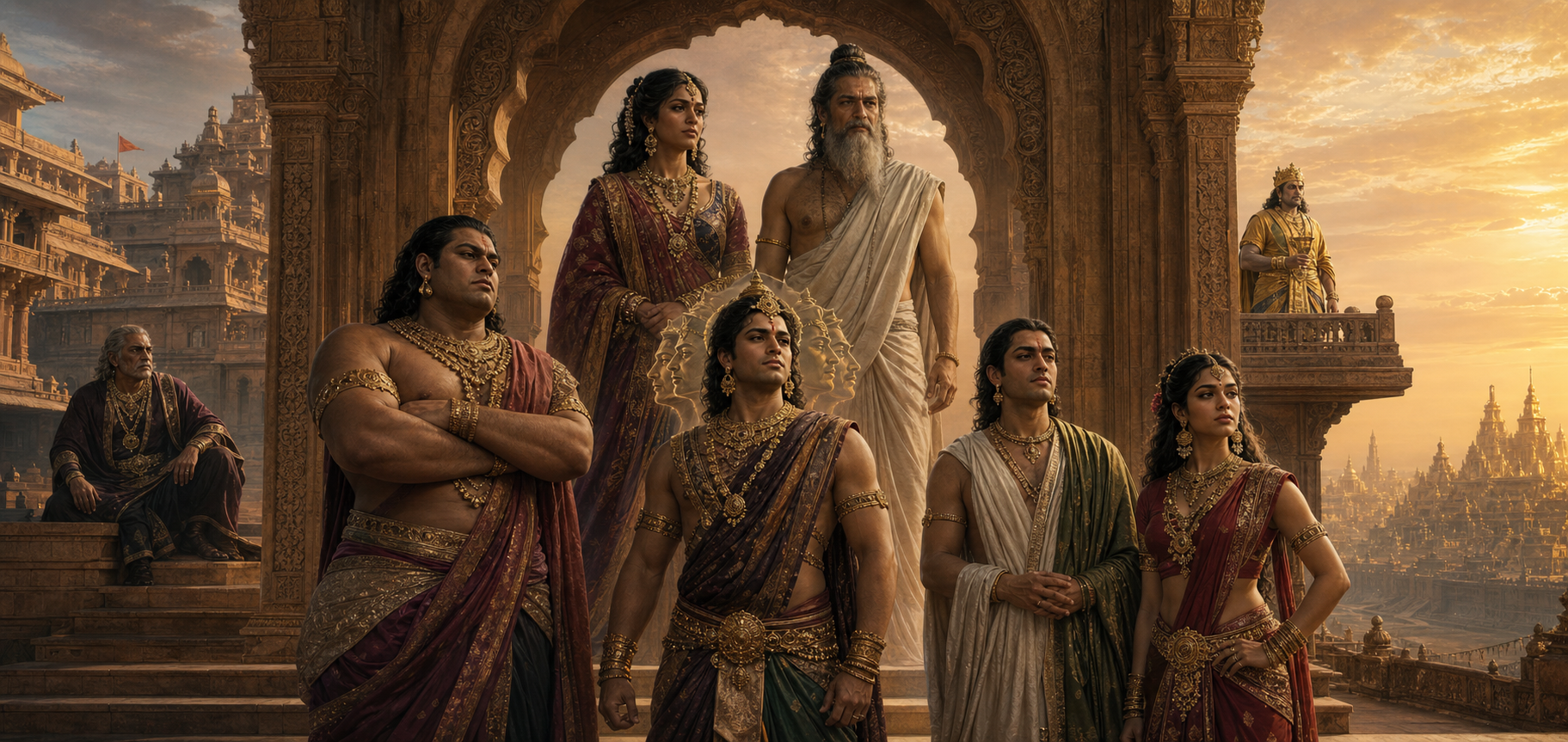 Sumali watches Kaikasi, Vishrava and their four children in a layered family tableau, while Kubera stands on a separate elevated terrace near Lanka.