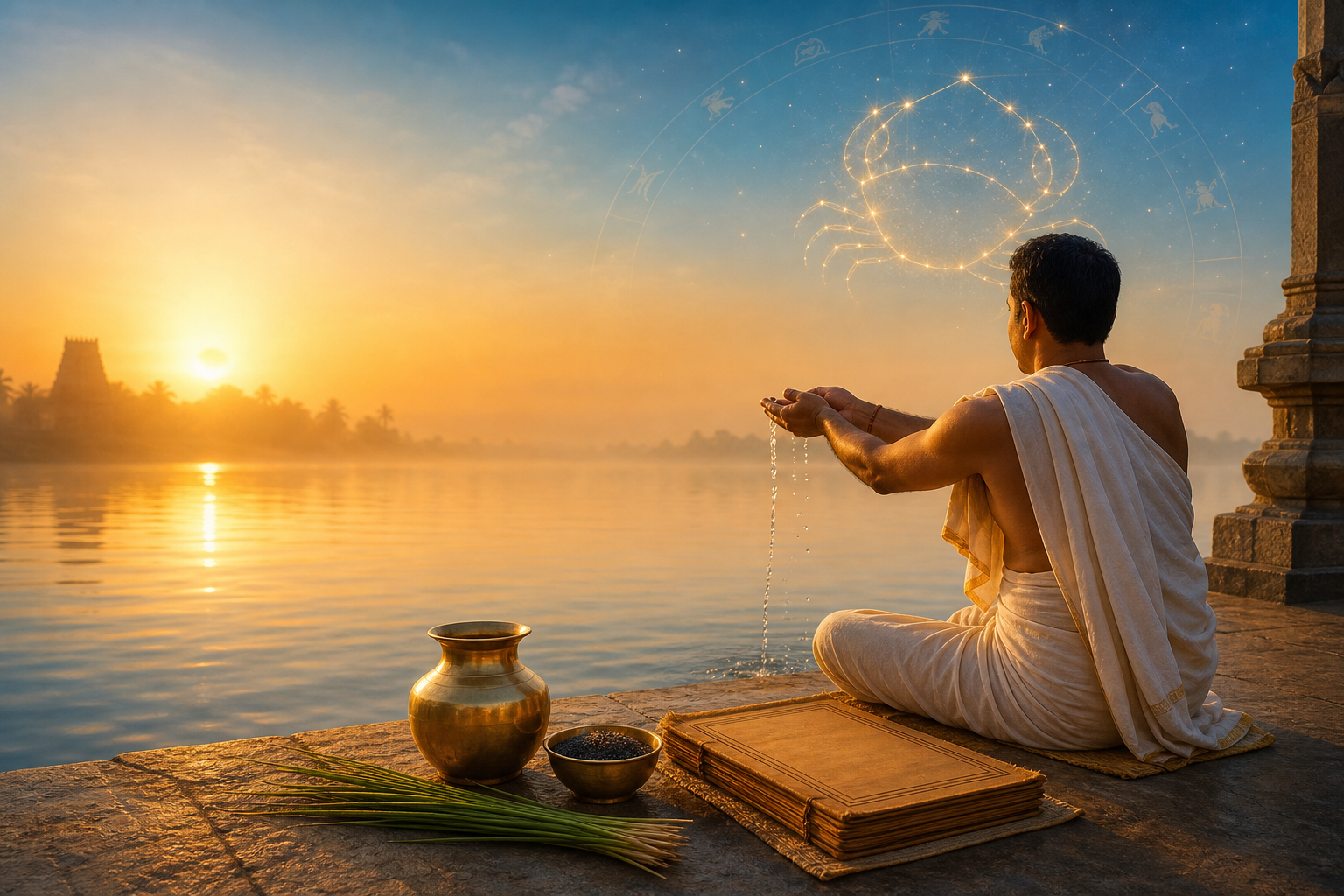 Hindu practitioner performing tharpana beside sacred water at sunrise beneath a Karka Rashi constellation