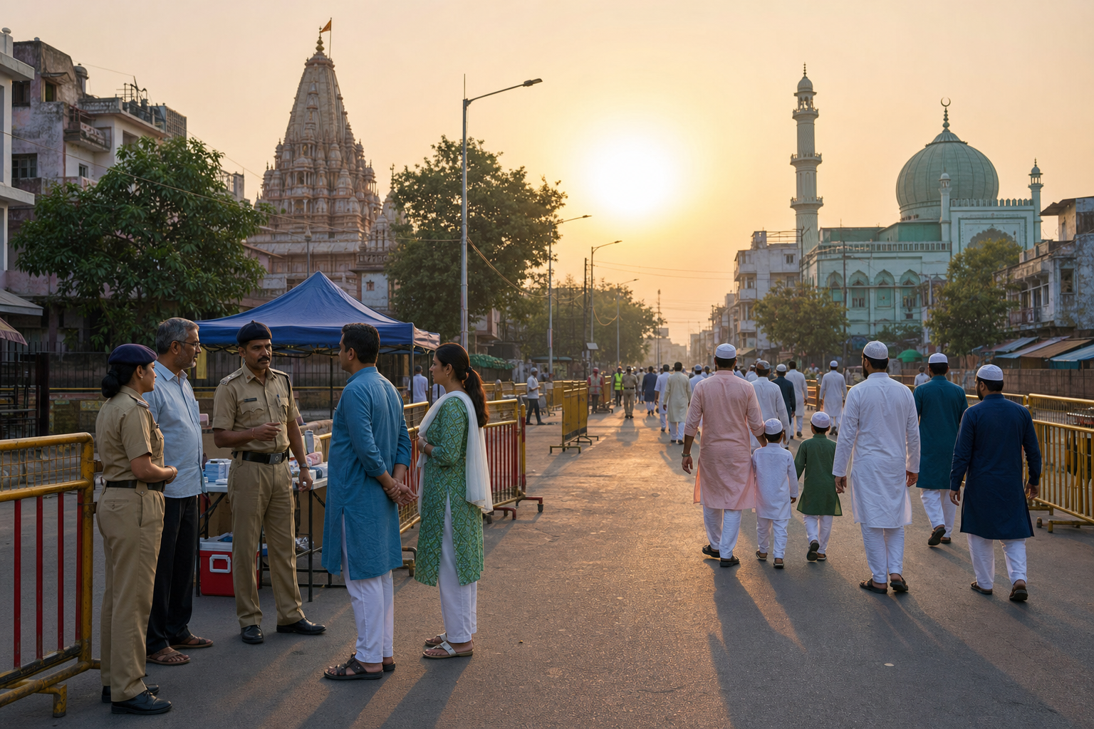 Residents and municipal officers manage barriers at an Indian neighborhood crossroads while families walk peacefully toward an Eid prayer gathering.
