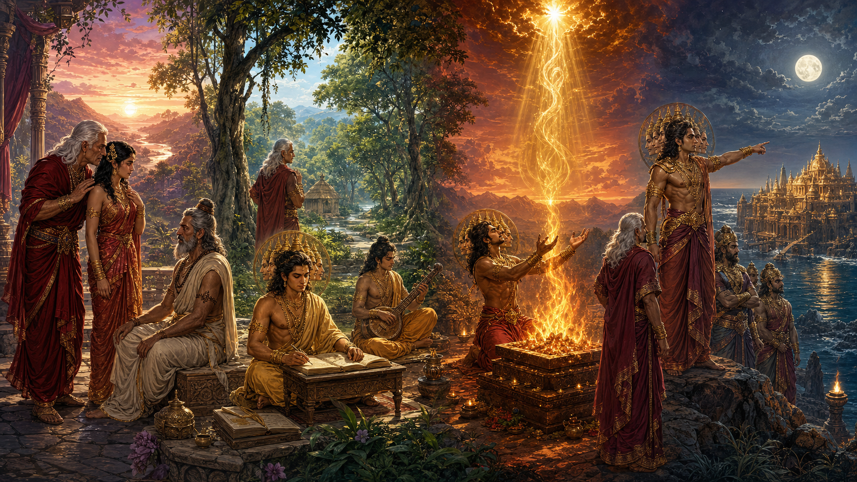 A continuous panorama shows Sumali guiding Kaikasi toward Vishrava, Ravana studying, Ravana undertaking tapas, and the family preparing to claim Lanka.