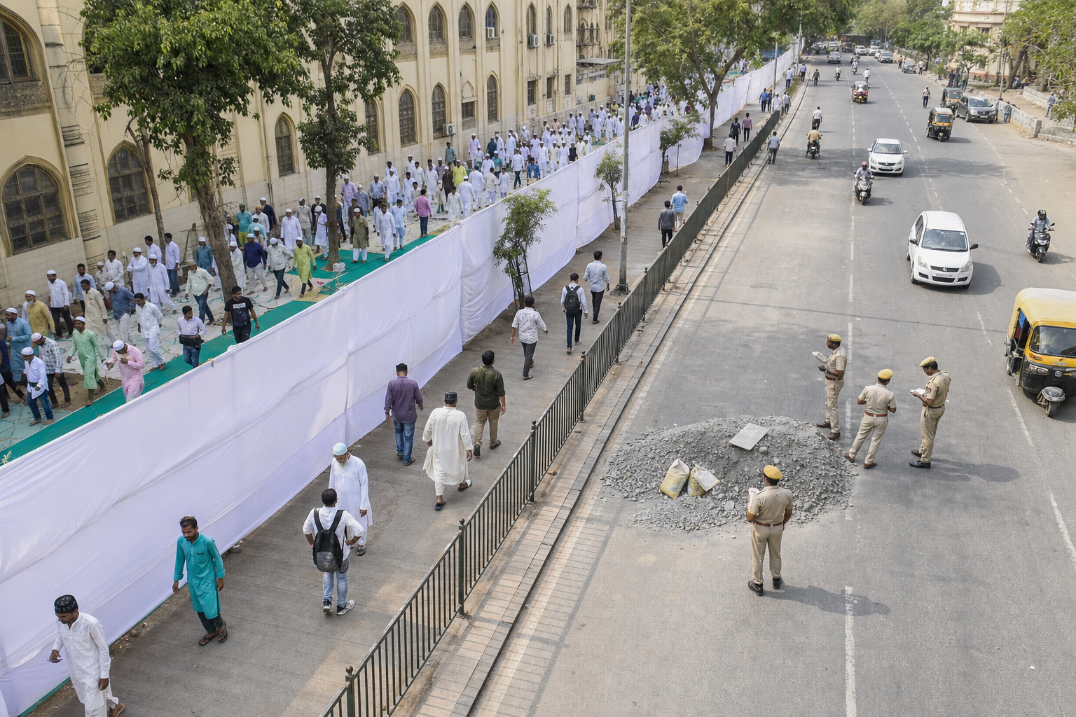 Worshippers use an orderly pedestrian route while civic officers separately document an obstruction in one lane of an Indian street.