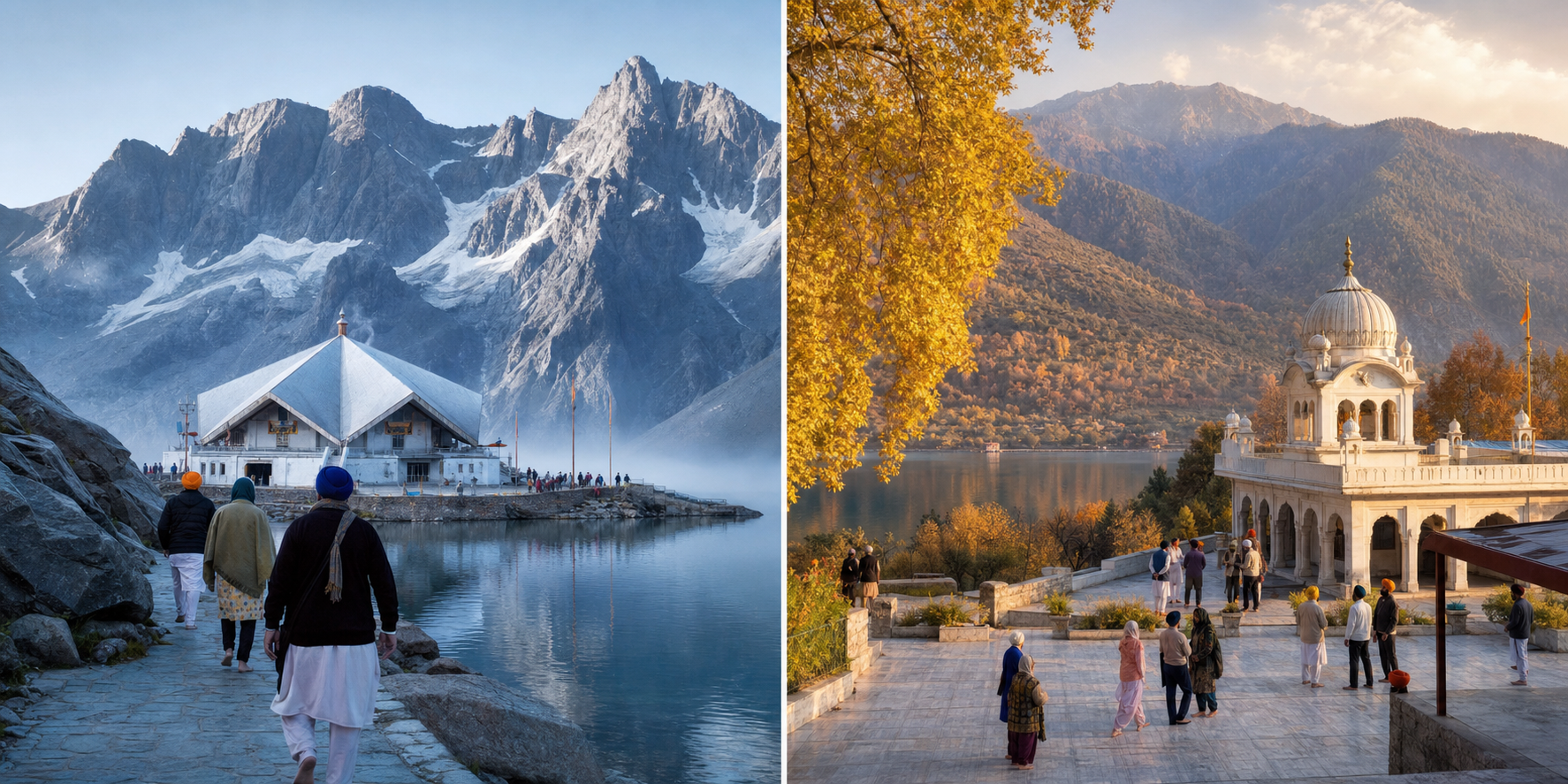A diptych showing pilgrims beside Hemkund Sahib and its alpine lake on one side, and Sikh families meeting in a gurdwara courtyard in Kashmir on the other.