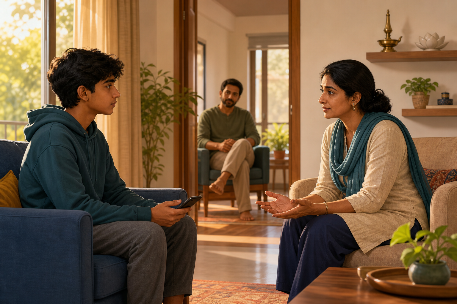A teenager holding a phone speaks with a parent seated at the same eye level in a warm, quiet living room.