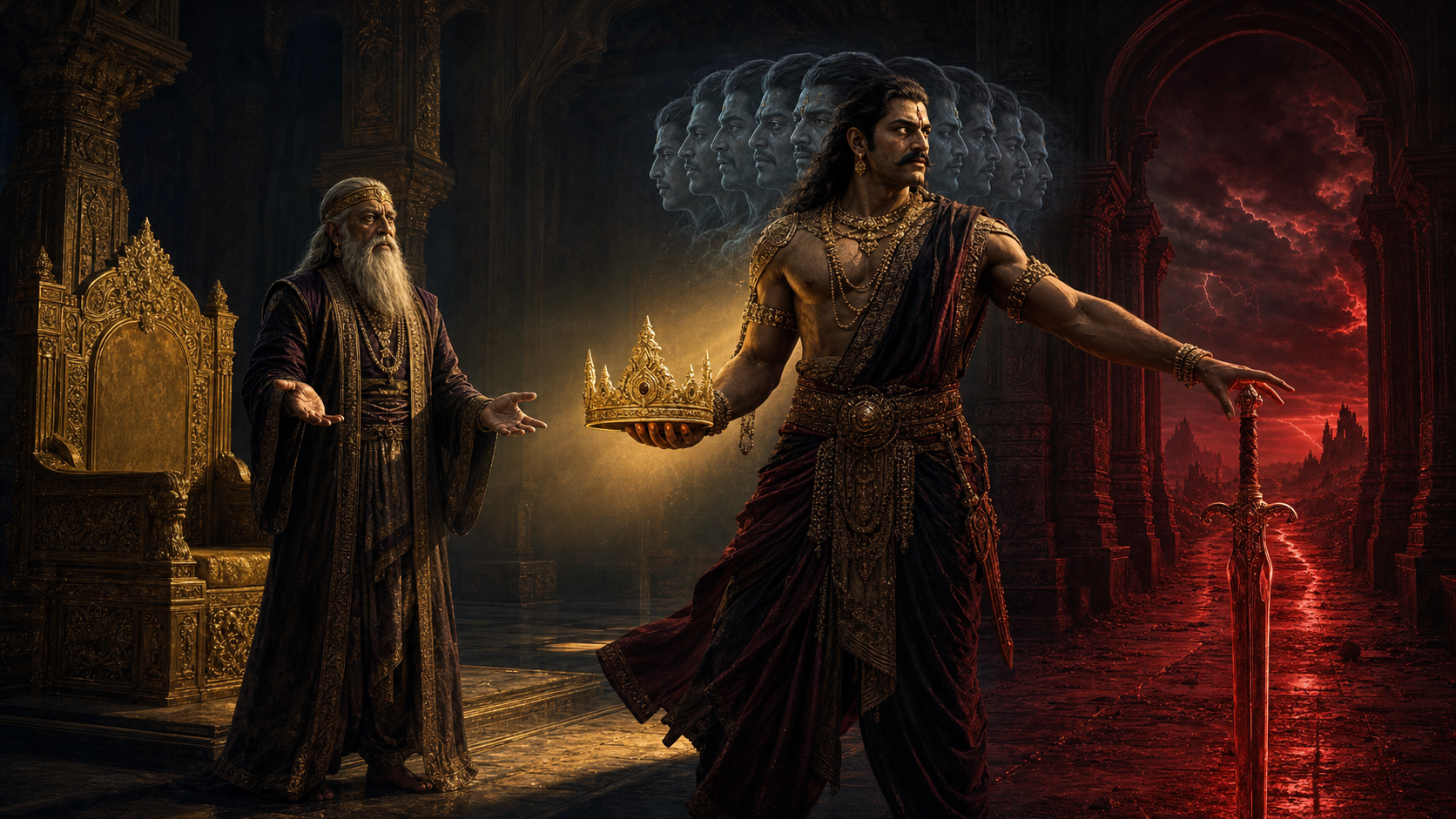 Sumali stands beside a golden throne with empty hands as the crowned Ravana turns away and chooses a sword leading into a storm-darkened corridor.