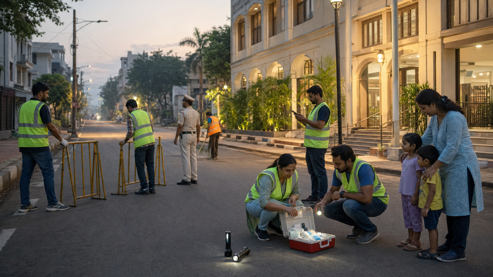 Volunteers, parents, police, and municipal workers prepare pedestrian barriers and first-aid supplies on a quiet neighborhood street before a festival crowd arrives.